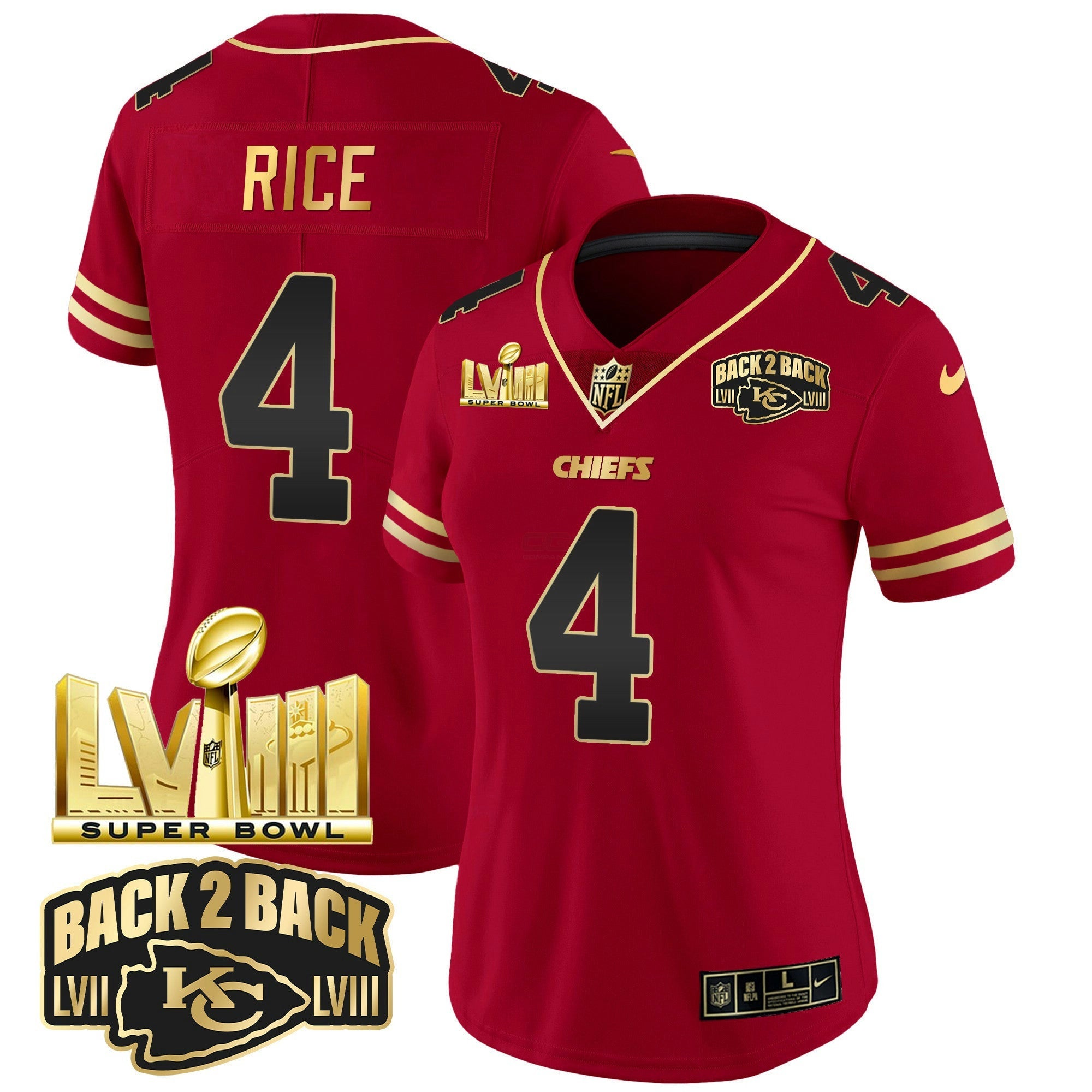Camisa NFL Women’s Super Bowl LVIII & Back 2 Back Gold Patch Vapor Jersey