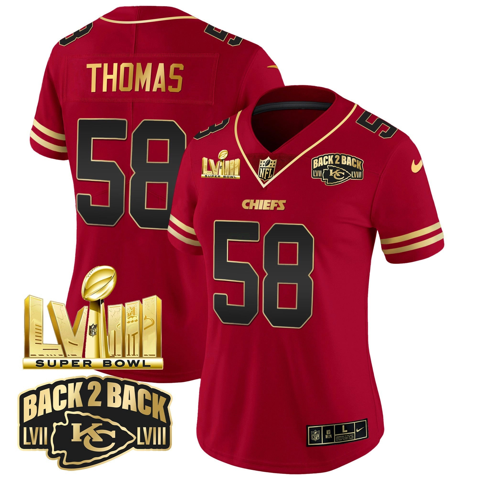 Camisa NFL Women’s Super Bowl LVIII & Back 2 Back Gold Patch Vapor Jersey