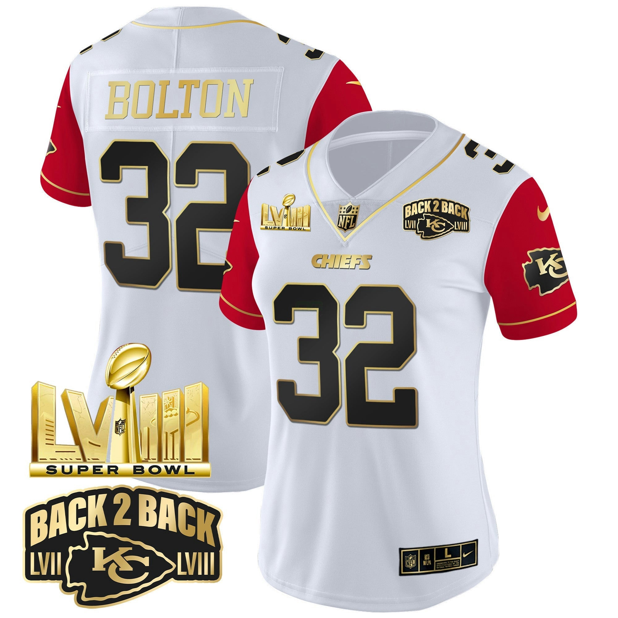 Camisa NFL Women’s Super Bowl LVIII & Back 2 Back Gold Patch Vapor Jersey V2