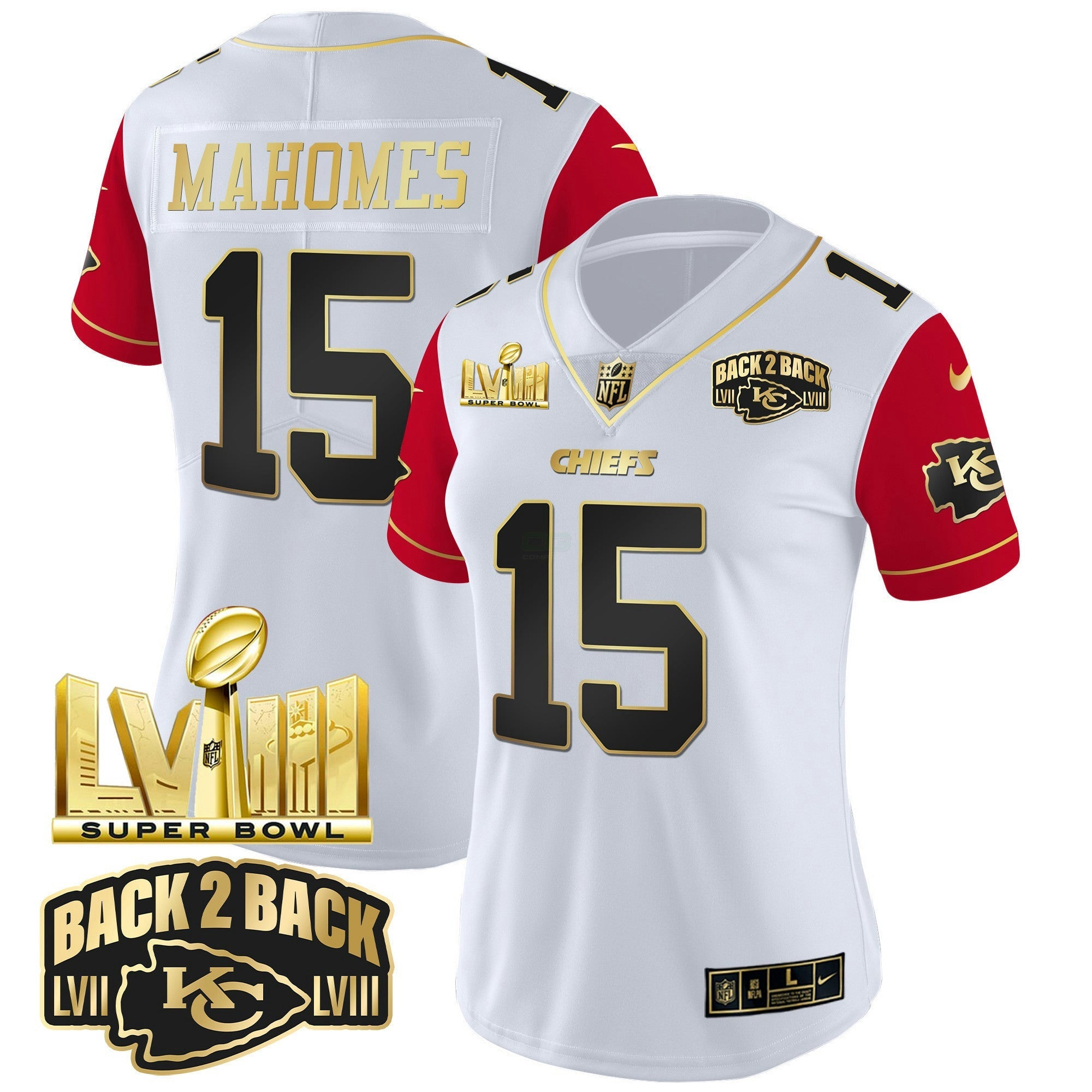 Camisa NFL Women’s Super Bowl LVIII & Back 2 Back Gold Patch Vapor Jersey V2