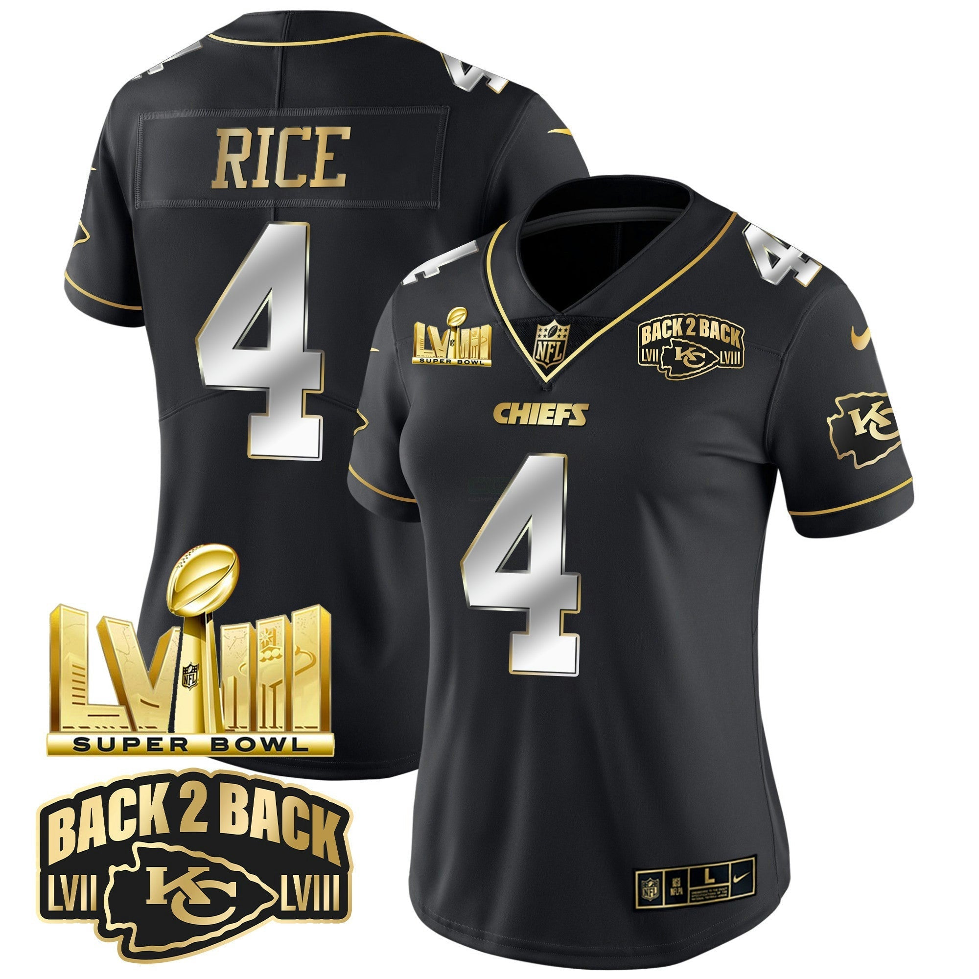 Camisa NFL Women’s Super Bowl LVIII & Back 2 Back Gold Patch Vapor Jersey V2