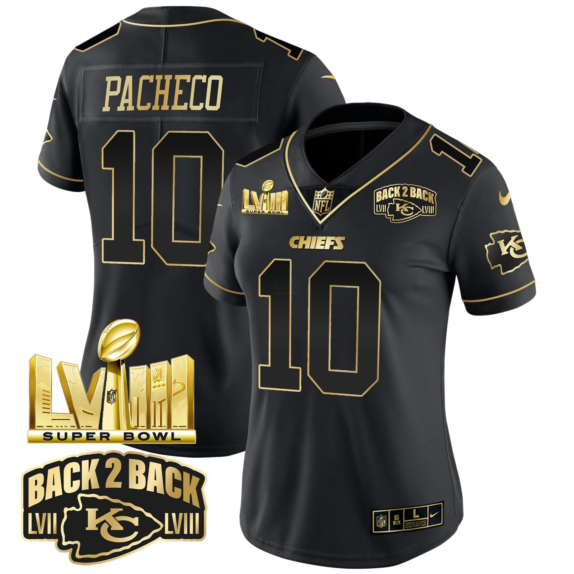 Camisa NFL Women’s Super Bowl LVIII & Back 2 Back Gold Patch Vapor Jersey V2