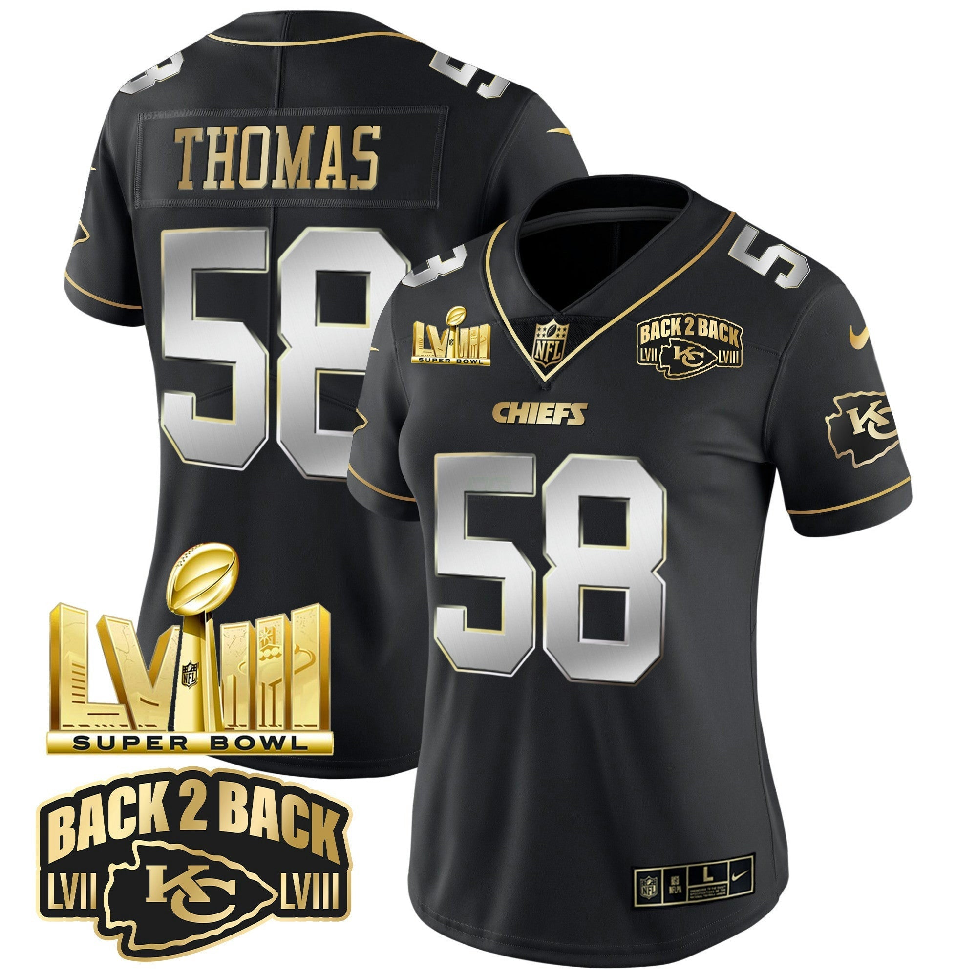 Camisa NFL Women’s Super Bowl LVIII & Back 2 Back Gold Patch Vapor Jersey V2
