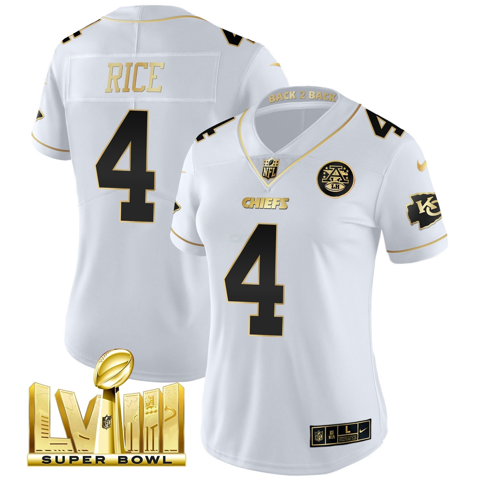 Camisa NFL Women’s Super Bowl LVIII & Back 2 Back Patch Vapor Jersey V5