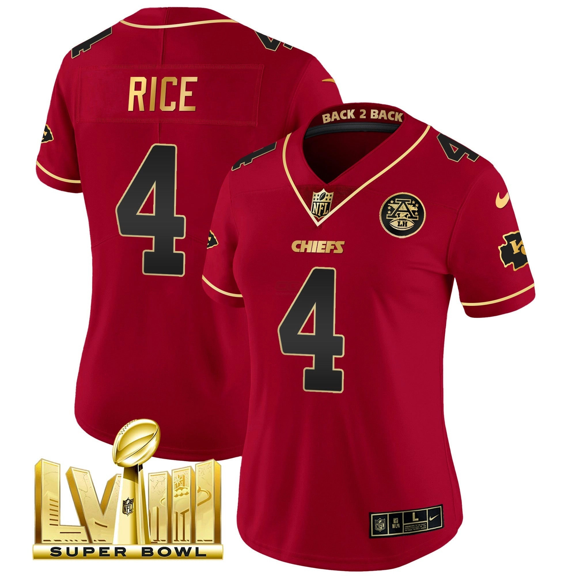 Camisa NFL Women’s Super Bowl LVIII & Back 2 Back Patch Vapor Jersey V5