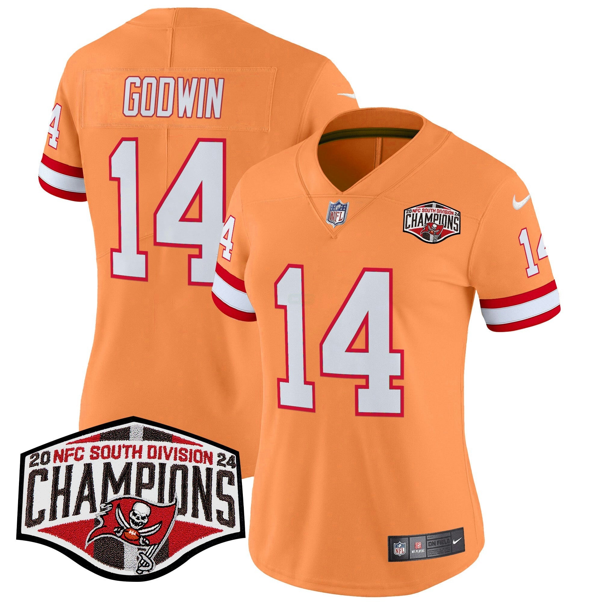 Camisa NFL Women’s Tampa Bay Creamsicle 2024 NFC South Division Champions Patch Vapor Limited Jersey
