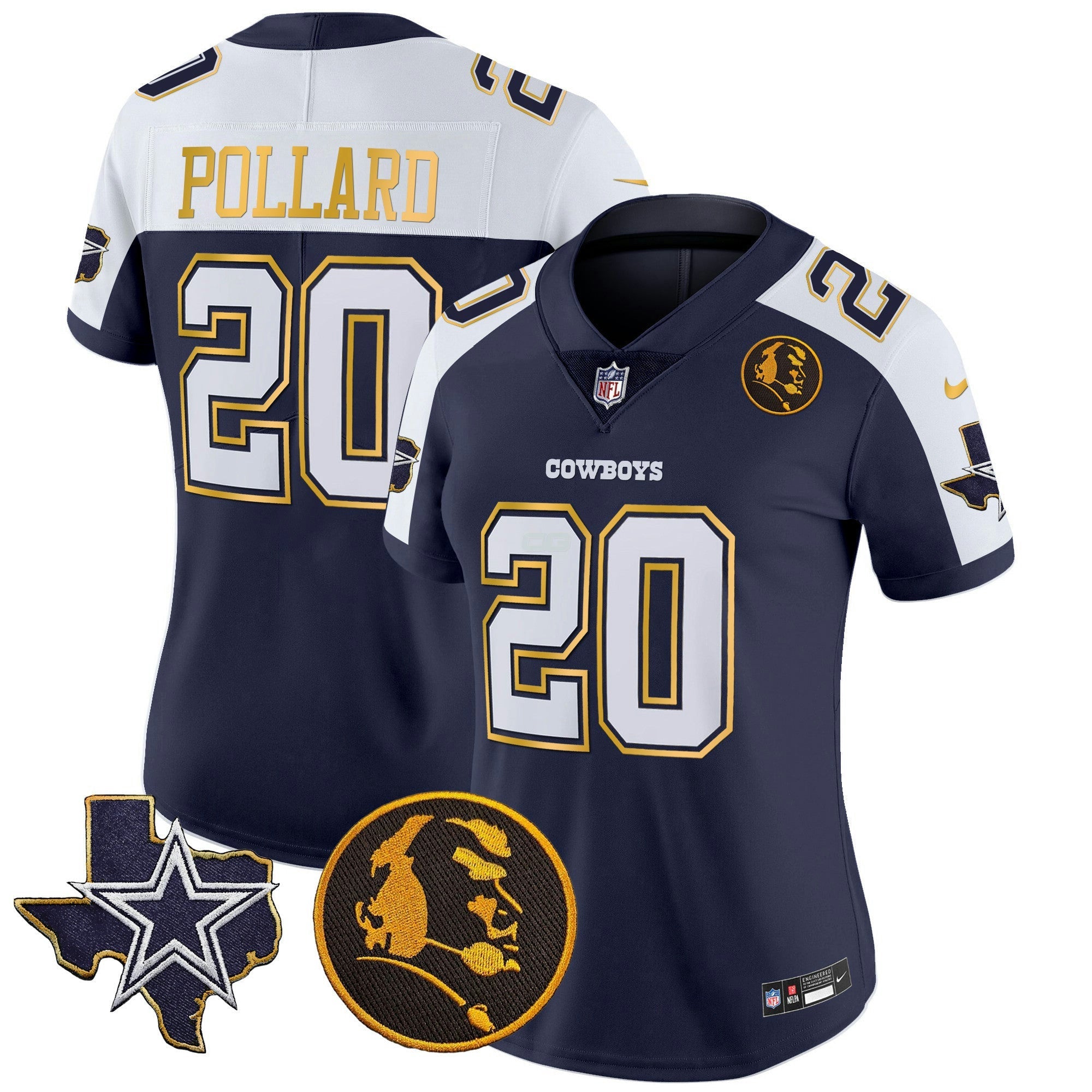 Camisa NFL Women’s Texas & John Madden Patch Dourada Trim Vapor Jersey
