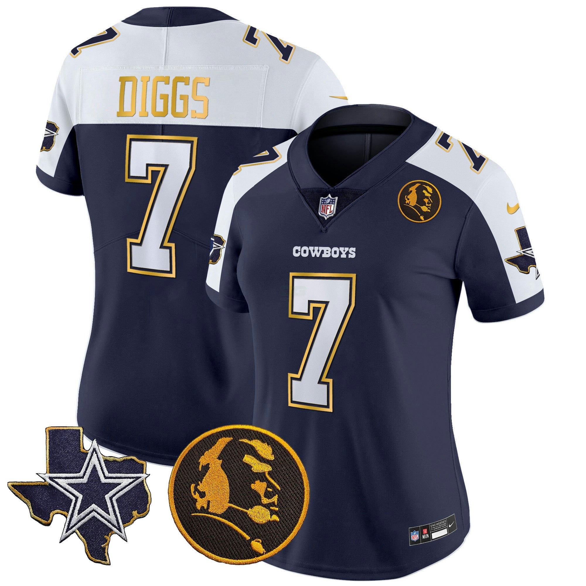 Camisa NFL Women’s Texas & John Madden Patch Dourada Trim Vapor Jersey
