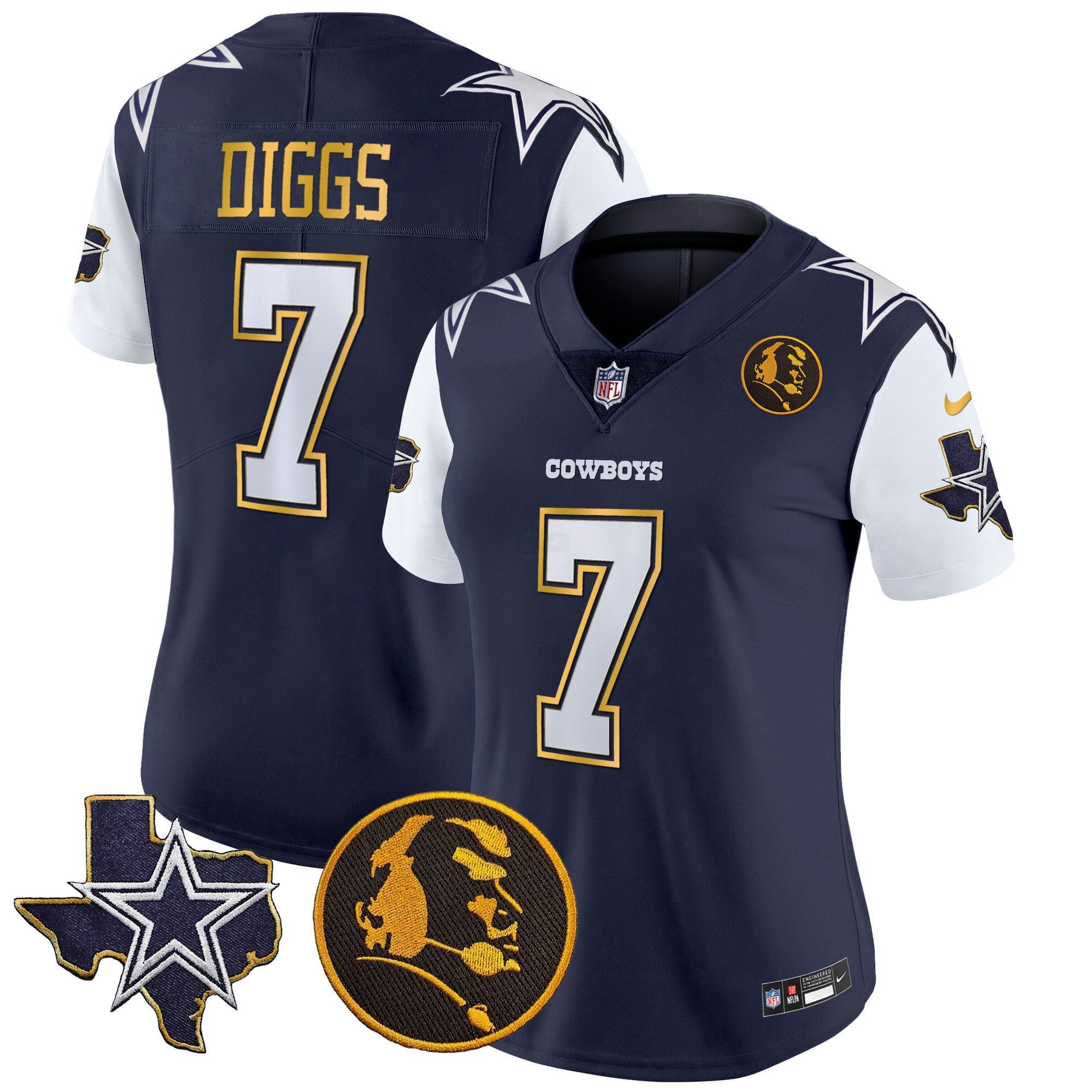 Camisa NFL Women’s Texas & John Madden Patch Dourada Trim Vapor Jersey
