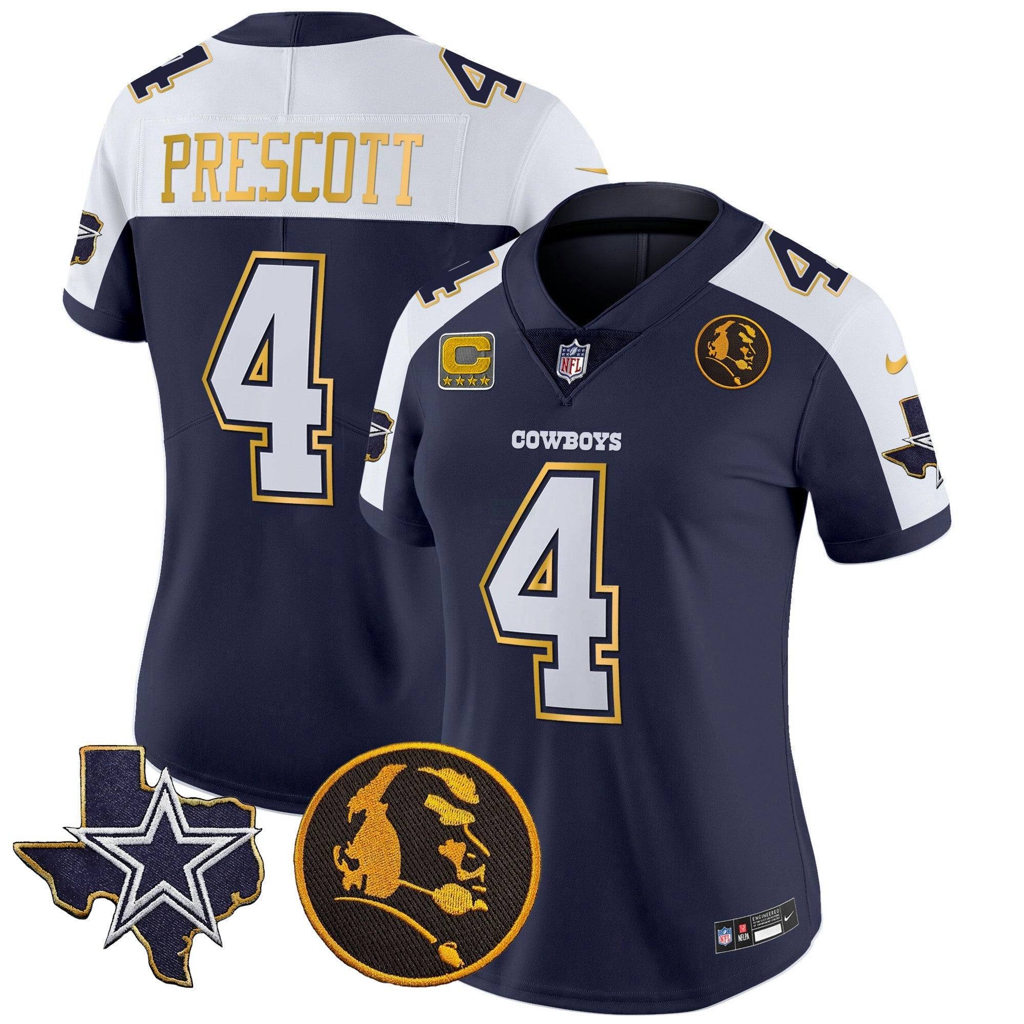 Camisa NFL Women’s Texas & John Madden Patch Dourada Trim Vapor Jersey