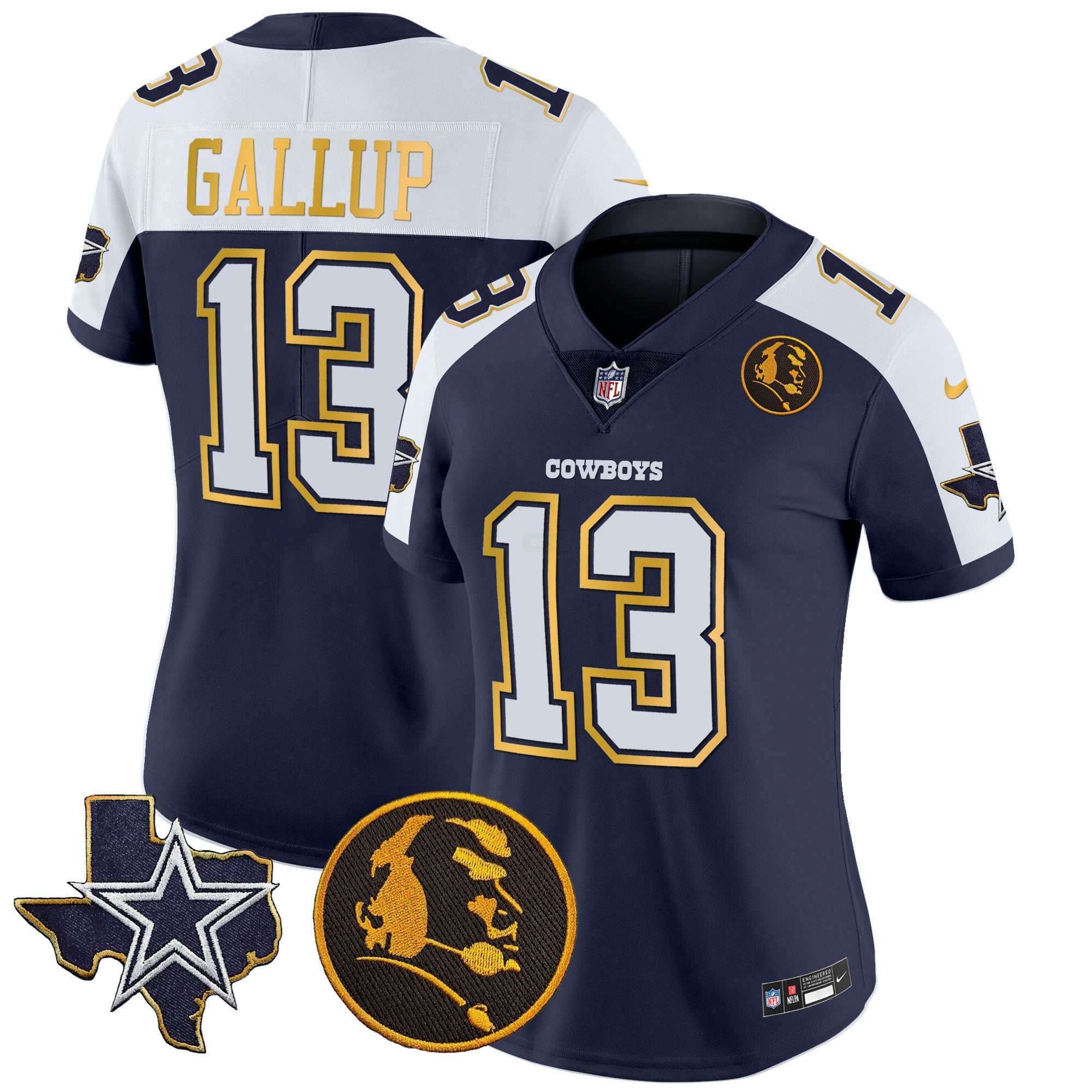 Camisa NFL Women’s Texas & John Madden Patch Dourada Trim Vapor Jersey