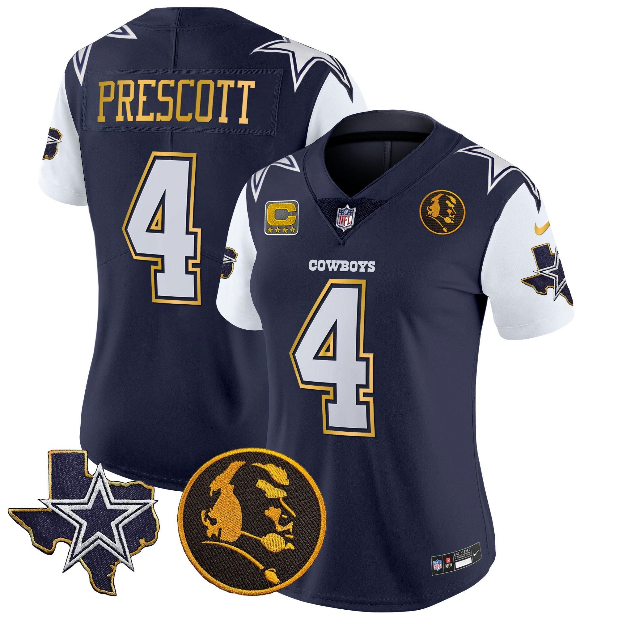 Camisa NFL Women’s Texas & John Madden Patch Dourada Trim Vapor Jersey