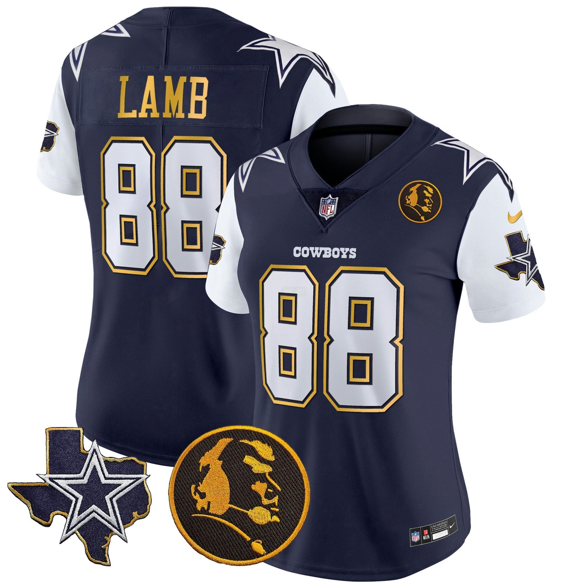 Camisa NFL Women’s Texas & John Madden Patch Dourada Trim Vapor Jersey