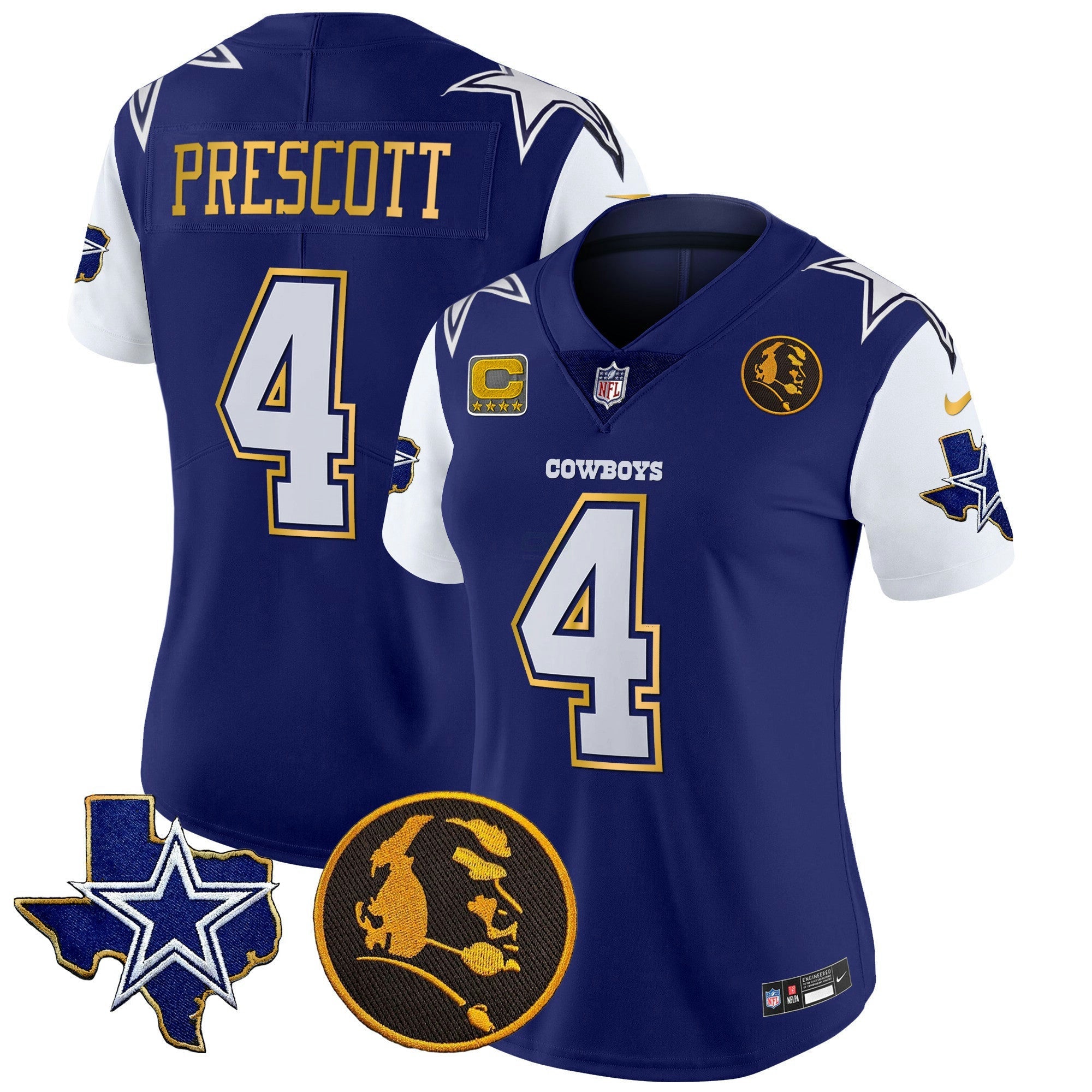 Camisa NFL Women’s Texas & John Madden Patch Dourada Trim Vapor Jersey