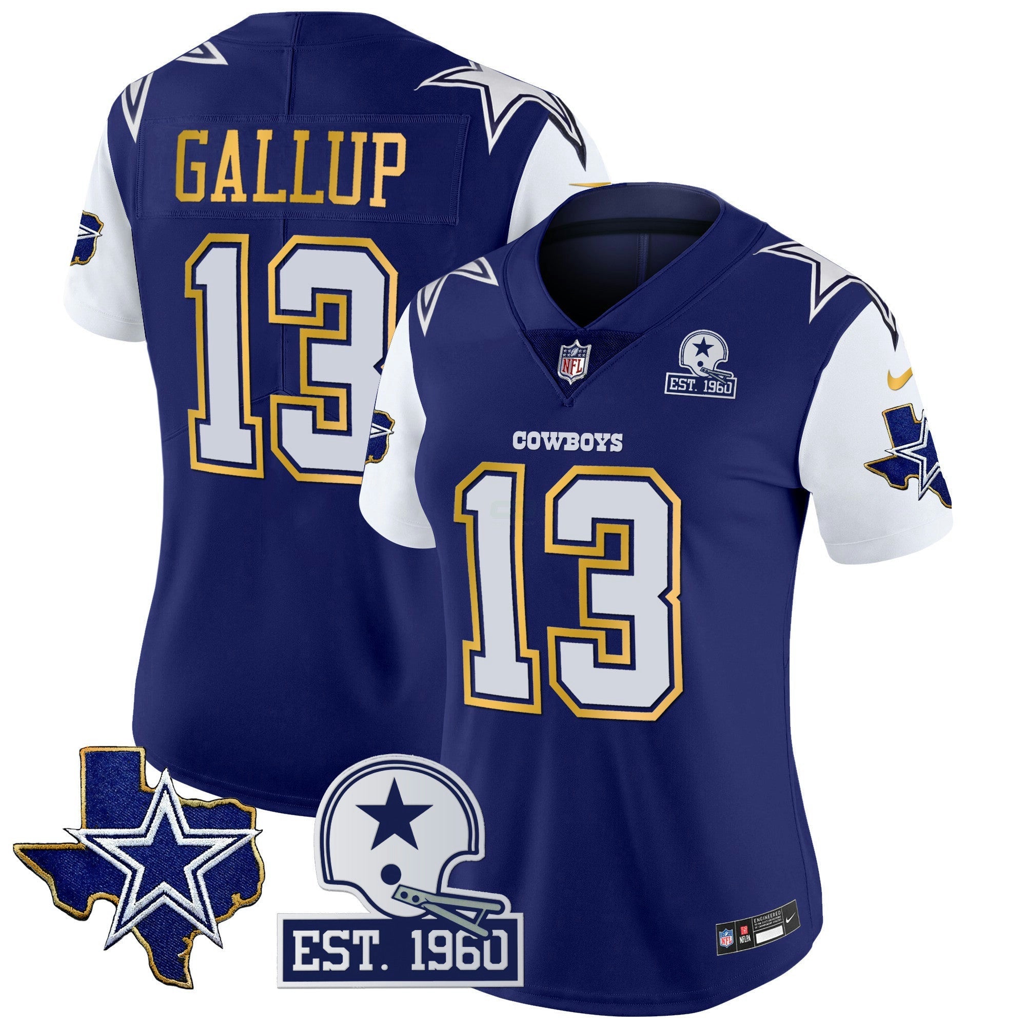 Camisa NFL Women’s Texas Patch Dourada Trim Vapor Jersey