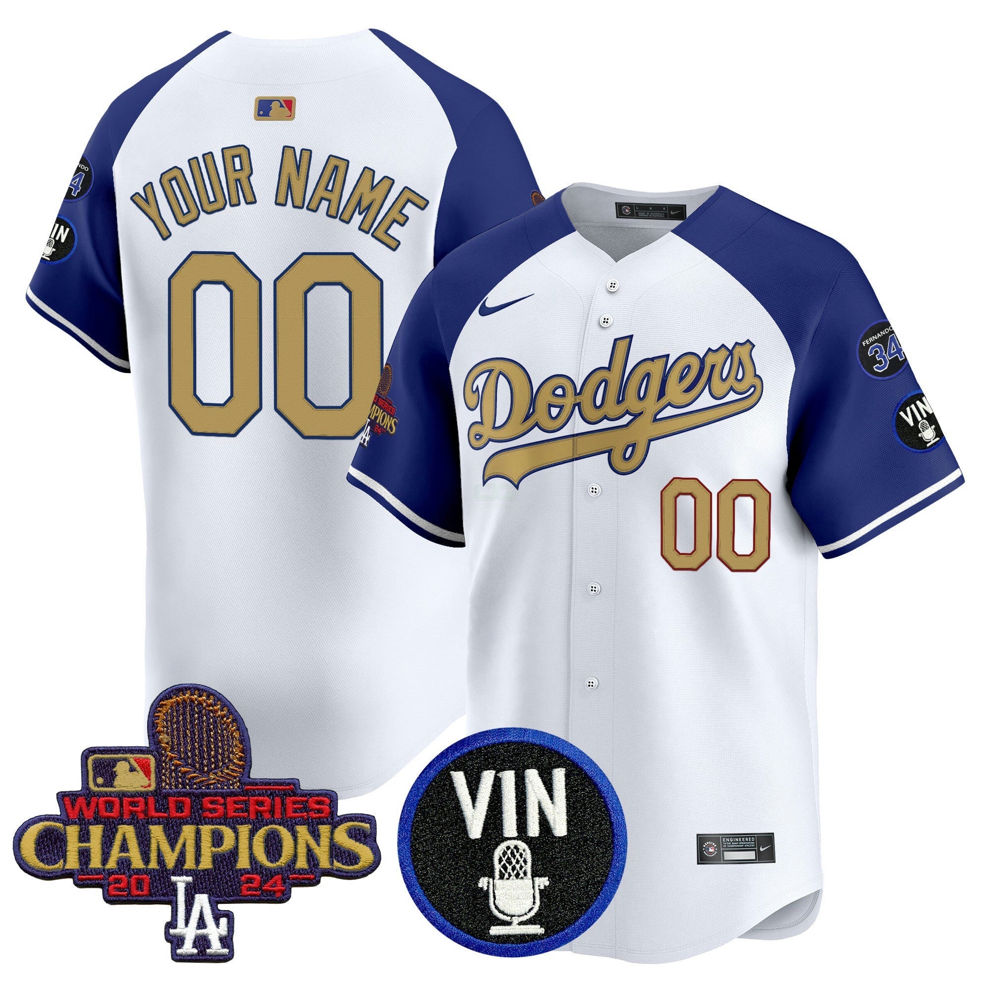 Camisa MLB 2025 Vin Scully & #34 Fernando Patch Dourada Vapor Premier Limited Jersey