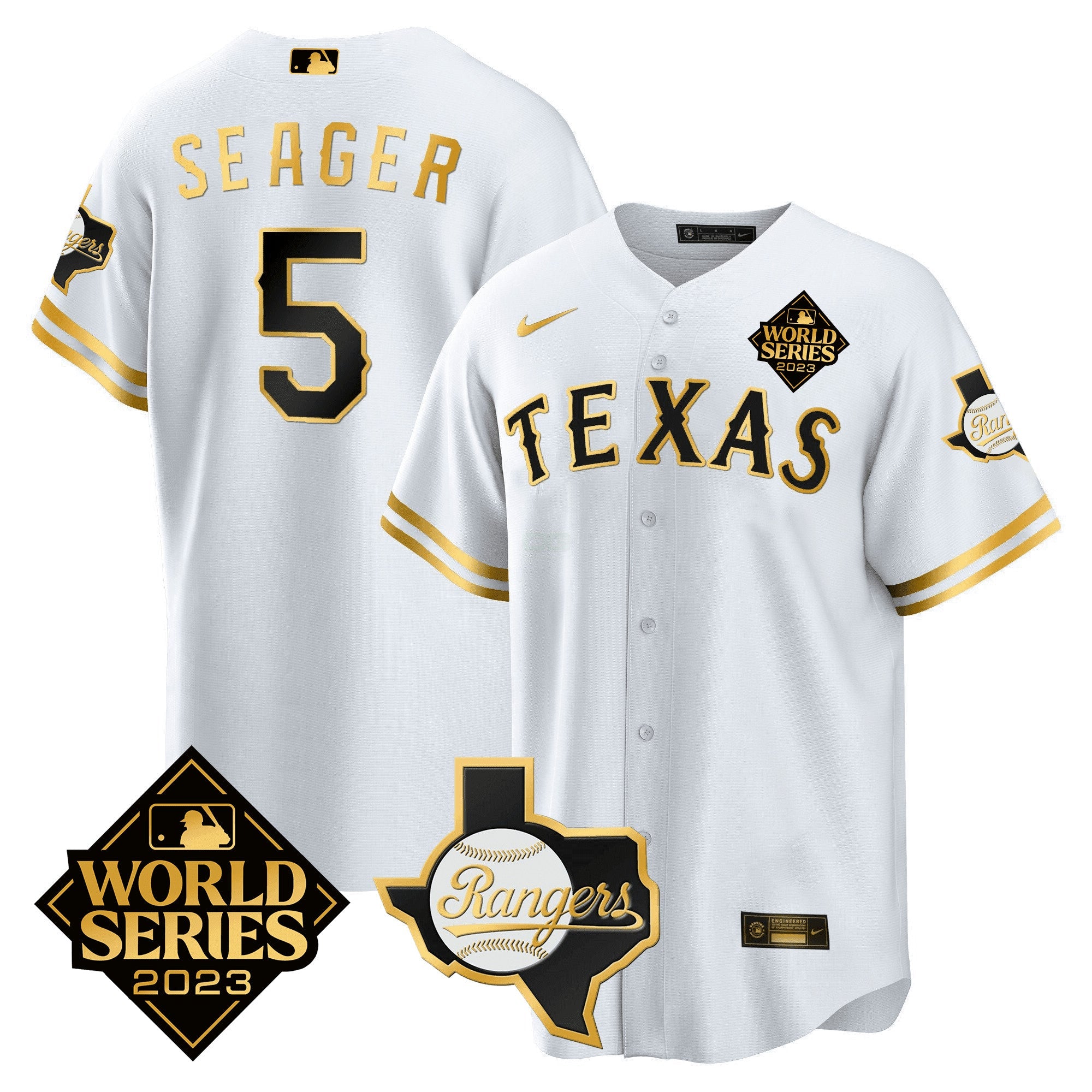 Camisa MLB Corey Seager Texas 2023 World Series & Texas State Patch Dourada Jersey
