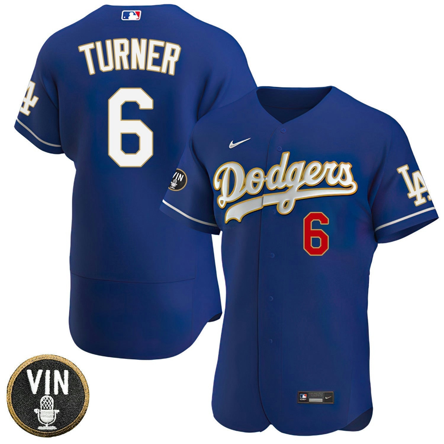 Camisa MLB Los Angeles Vin Scully Patch Dourada Trim Player Jersey – Azul Marinho