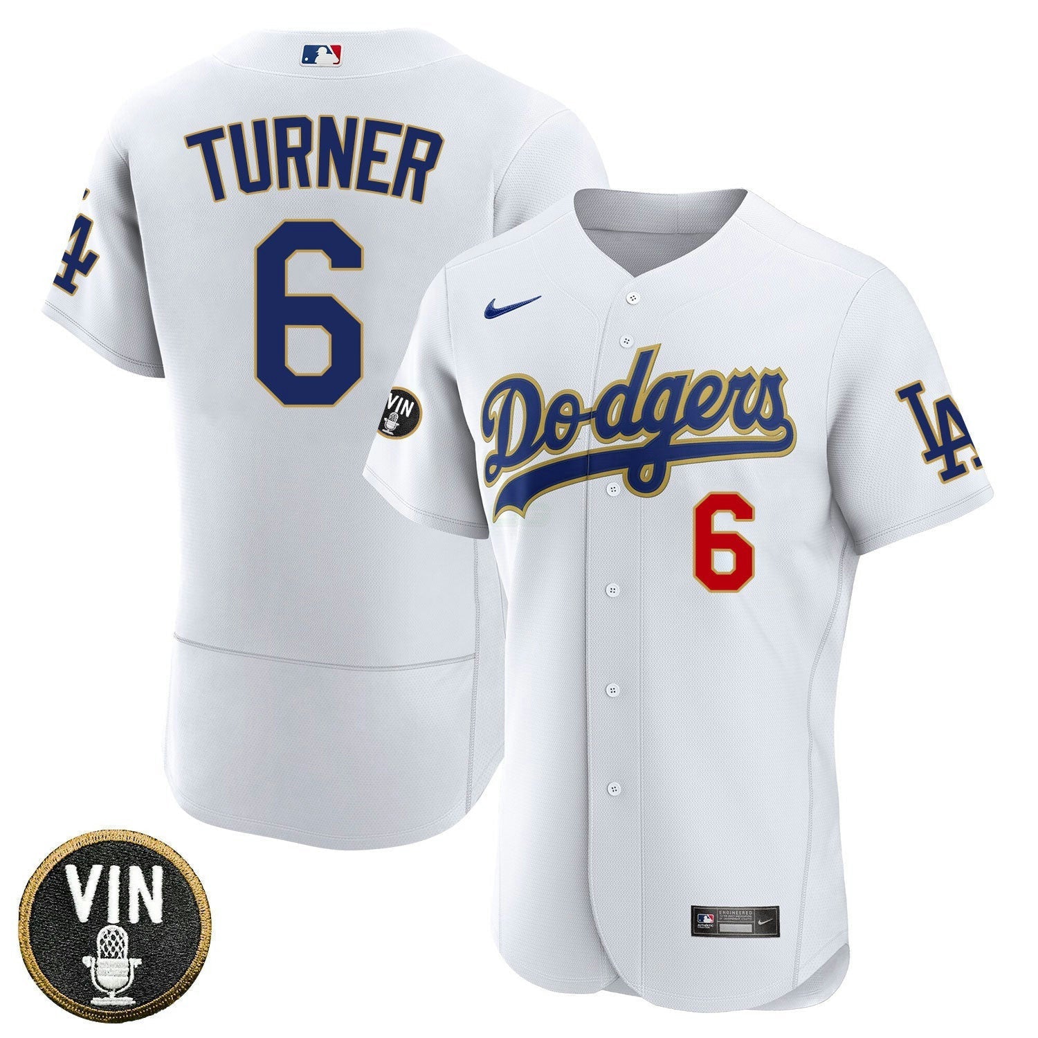 Camisa MLB Los Angeles Vin Scully Patch Dourada Trim Player Jersey – Branca