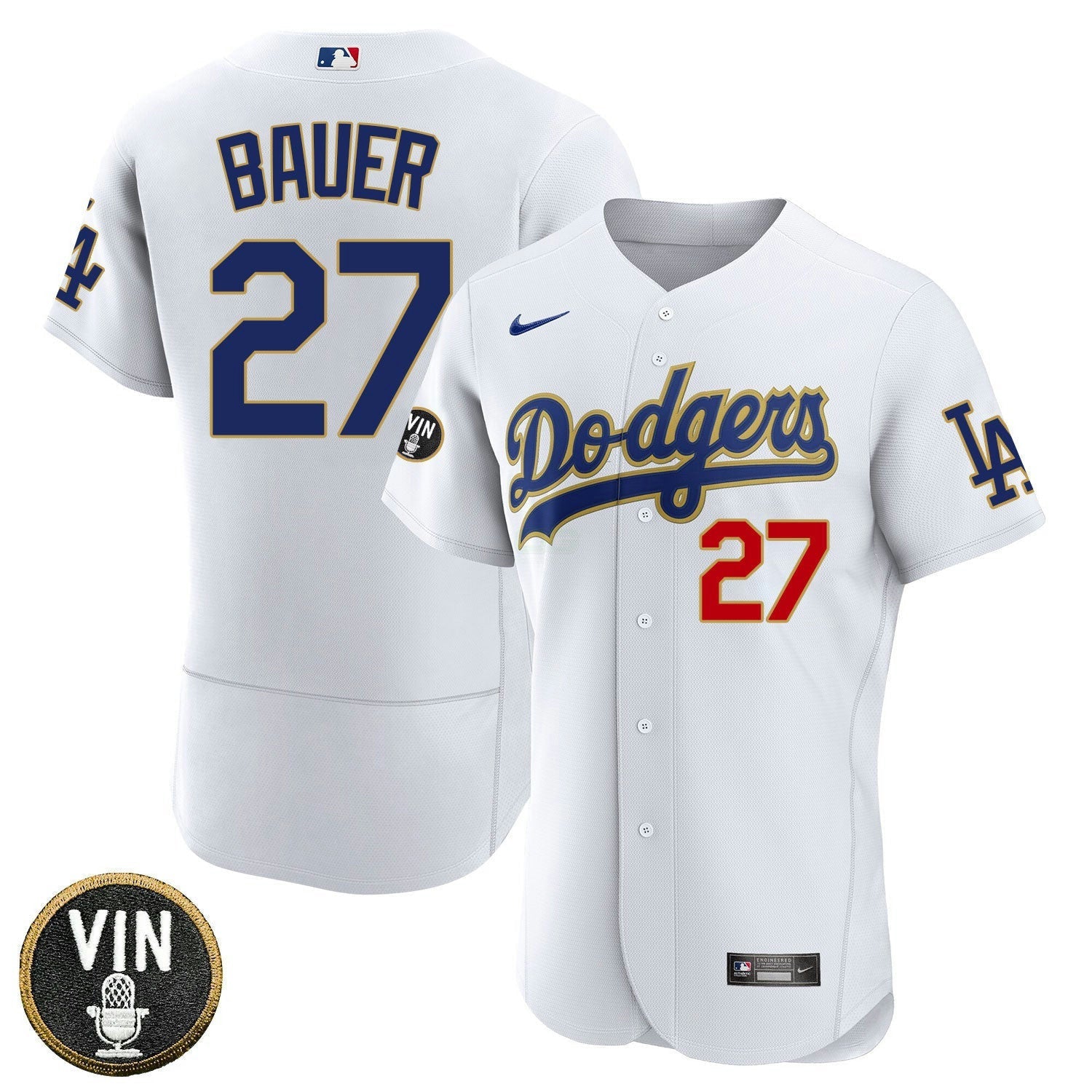 Camisa MLB Los Angeles Vin Scully Patch Dourada Trim Player Jersey – Branca