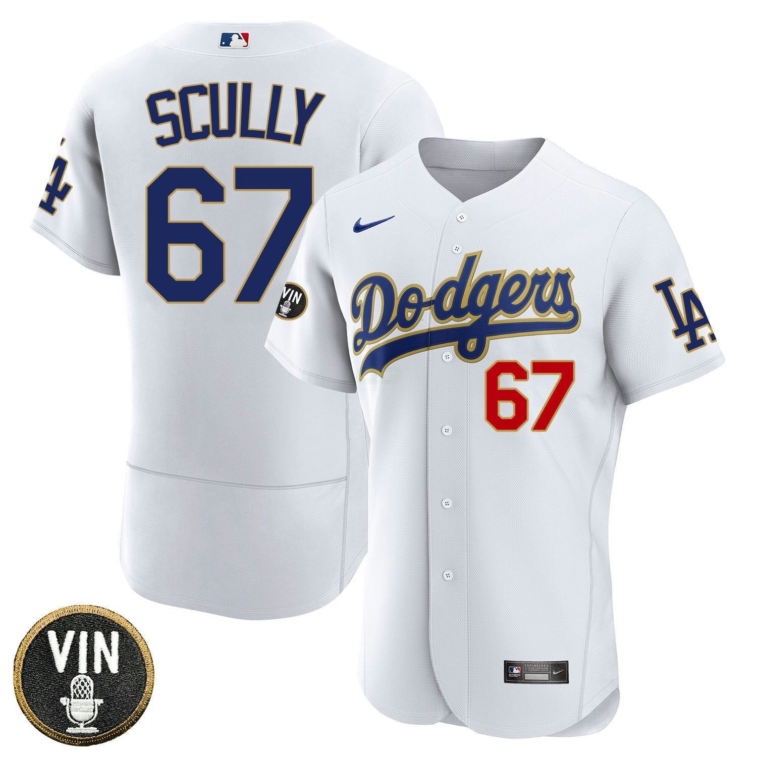 Camisa MLB Los Angeles Vin Scully Patch Dourada Trim Player Jersey – Branca