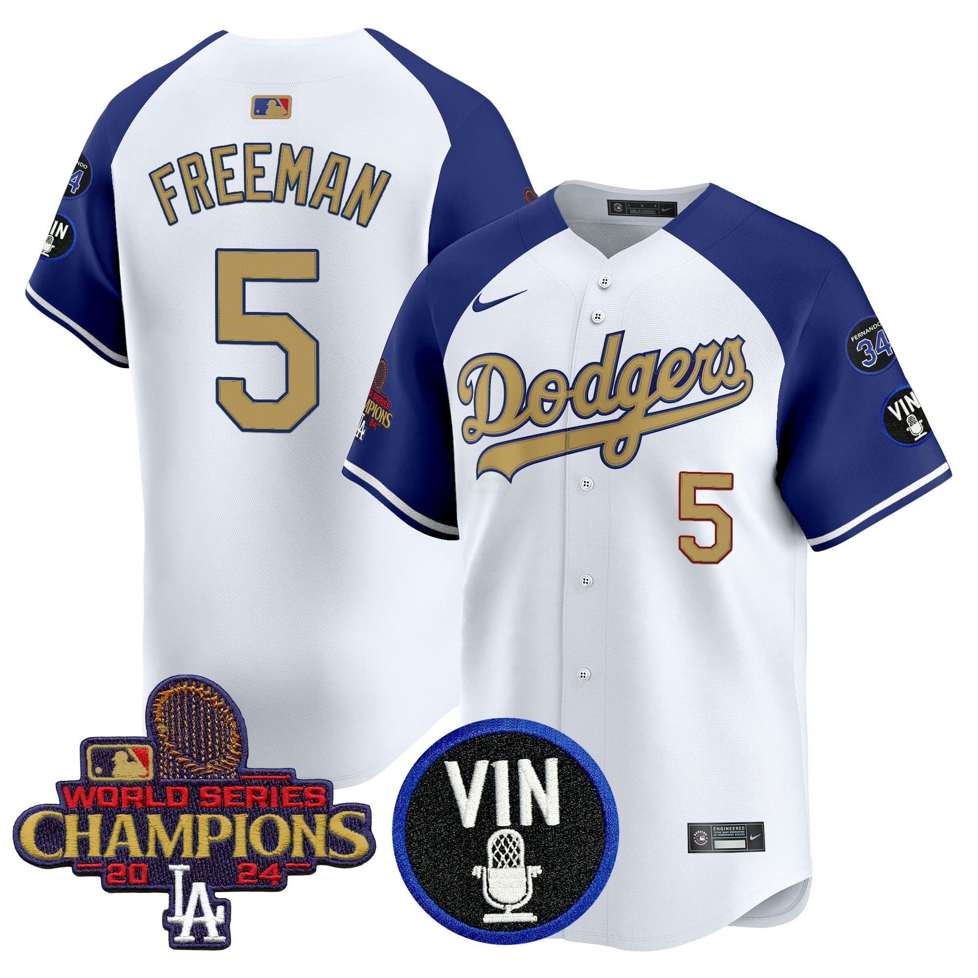 Camisa MLB Men’s 2025 Vin Scully & #34 Fernando Patch Dourada Vapor Premier Limited Jersey