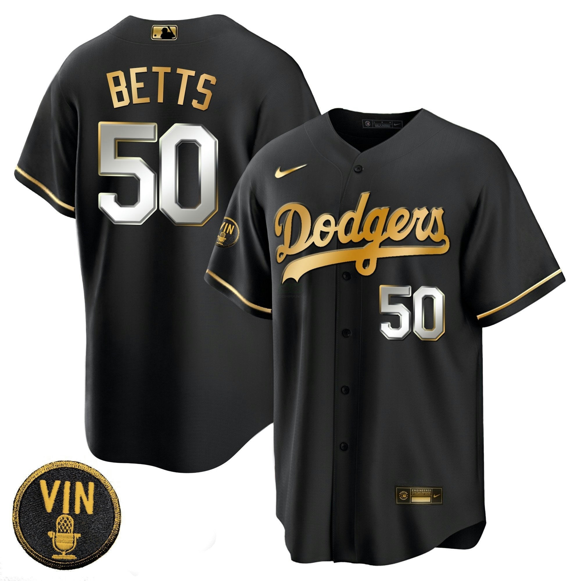 Camisa MLB Men’s Black Limited Vin Scully Patch Dourada Jersey