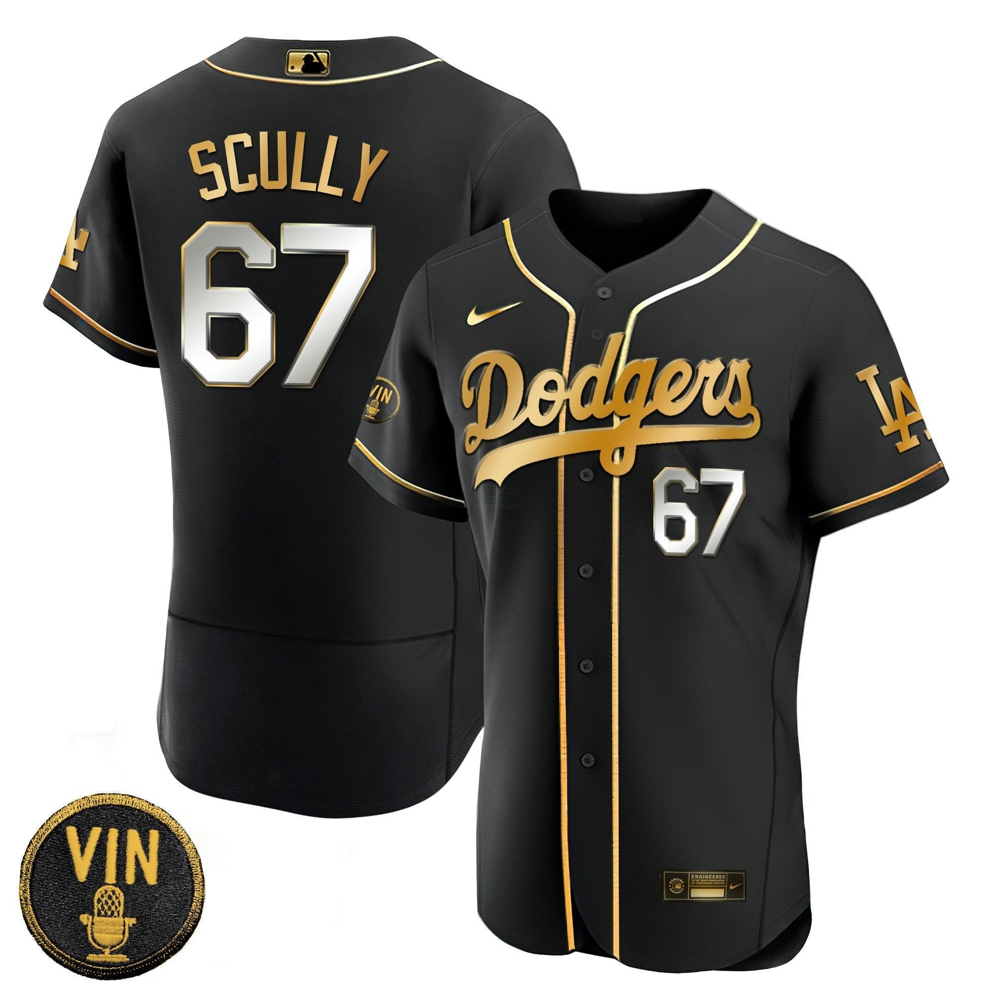 Camisa MLB Men’s Black Limited Vin Scully Patch Dourada Jersey