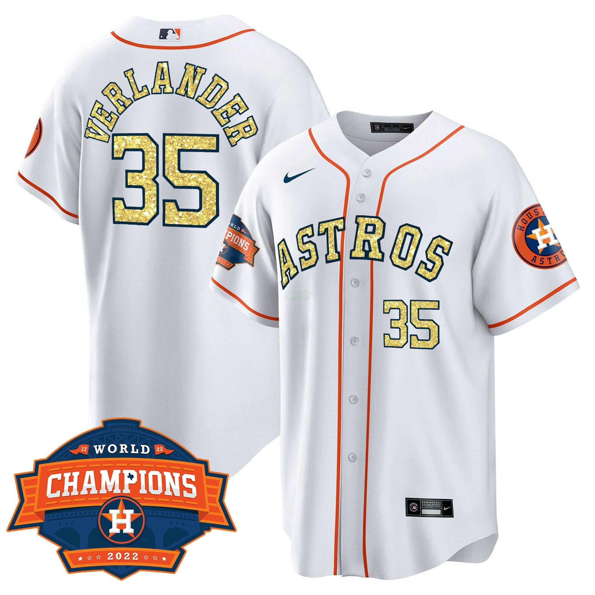Camisa MLB Men’s Houston Special Branca Dourada 2022 World Series Champions Patch Jersey