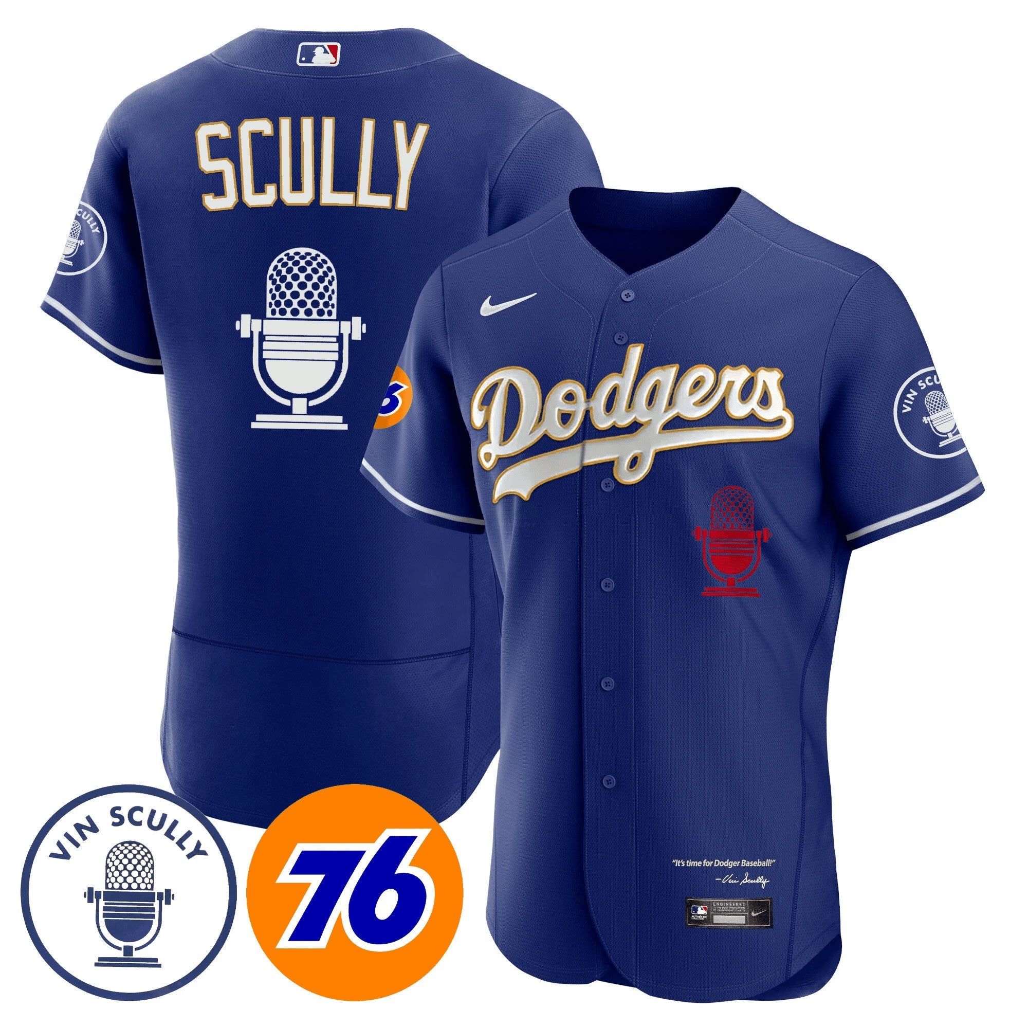 Camisa MLB Men’s Los Angeles Vin Scully 76 Patch Dourada Trim Jersey