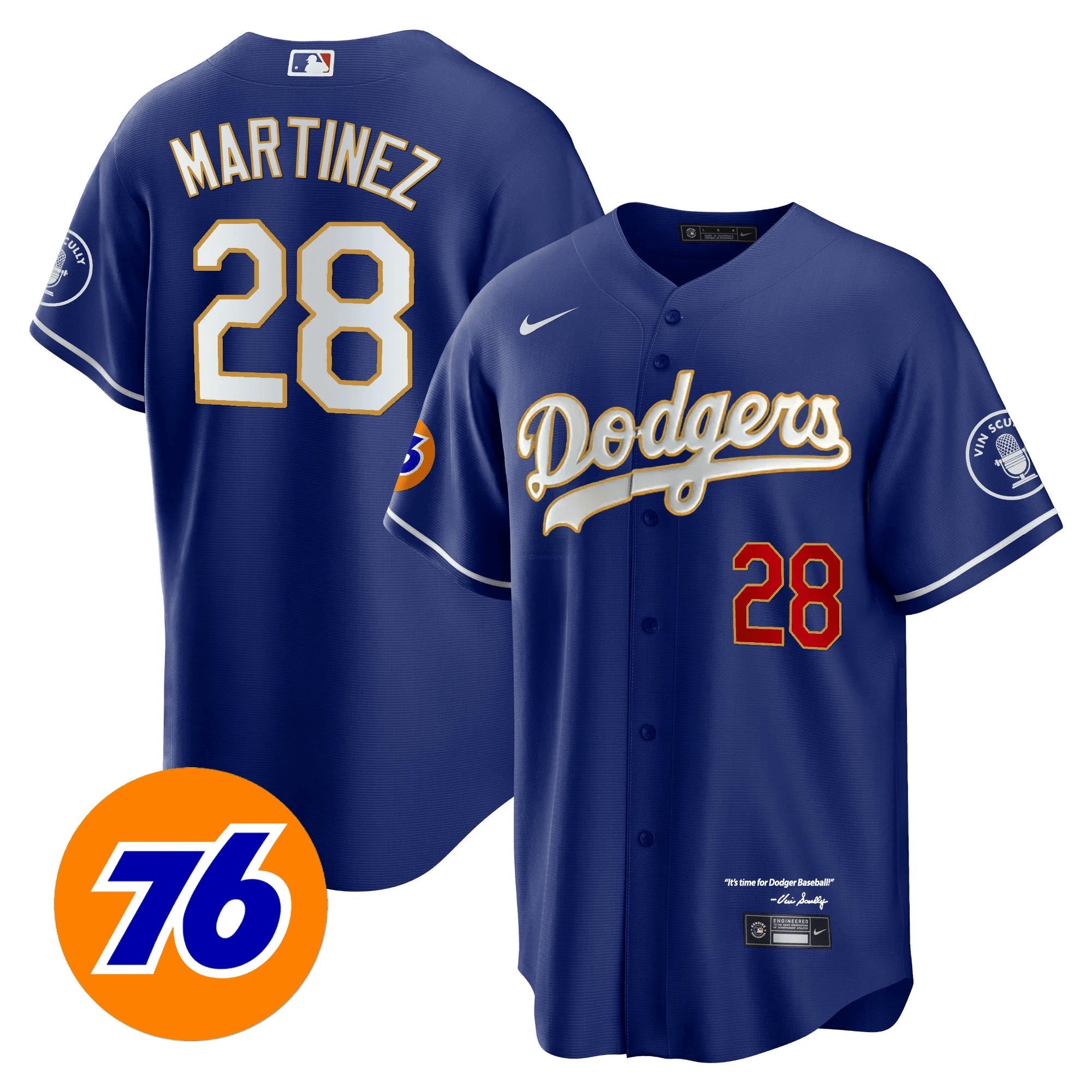 Camisa MLB Men’s Los Angeles Vin Scully 76 Patch Dourada Trim Player Jersey