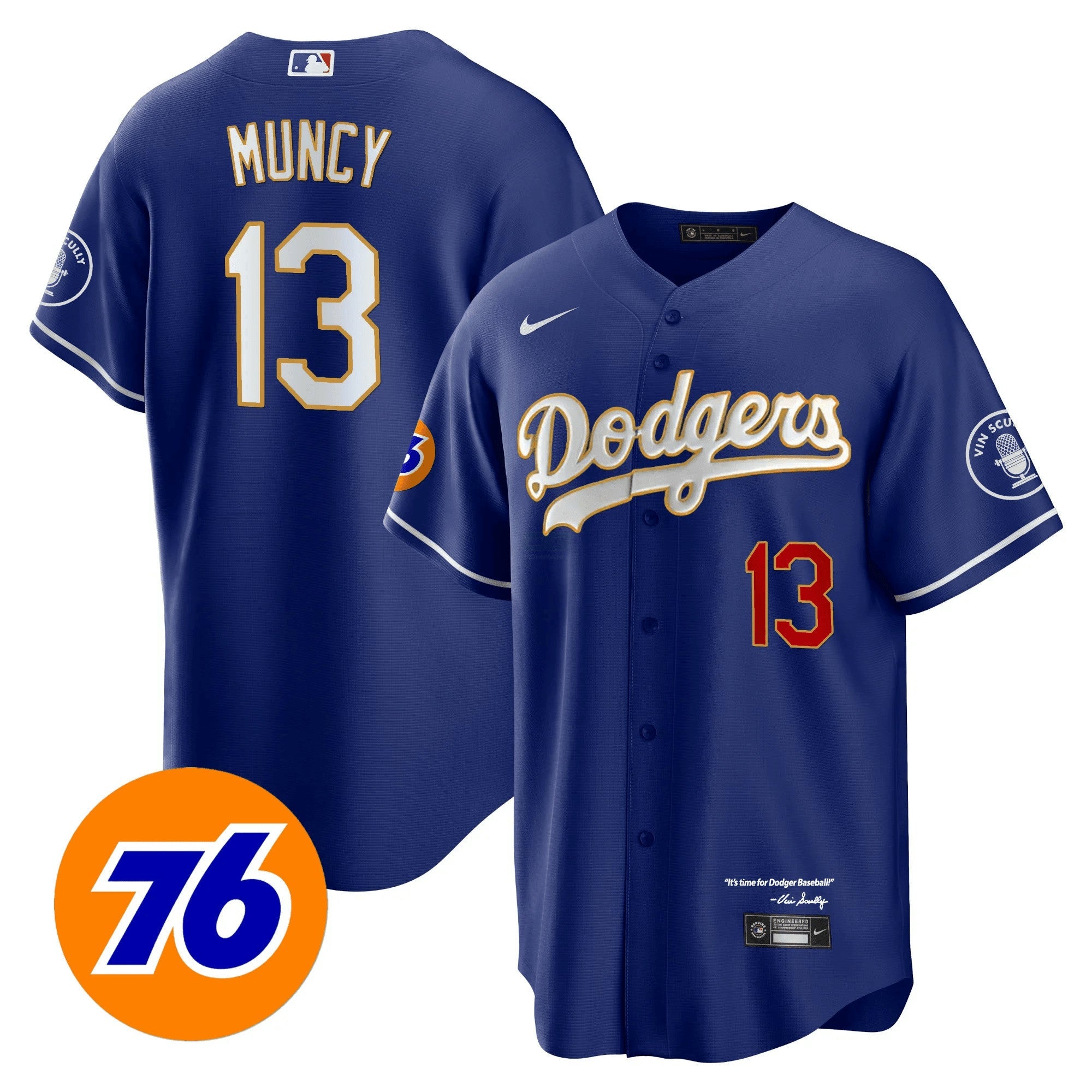 Camisa MLB Men’s Los Angeles Vin Scully 76 Patch Dourada Trim Player Jersey