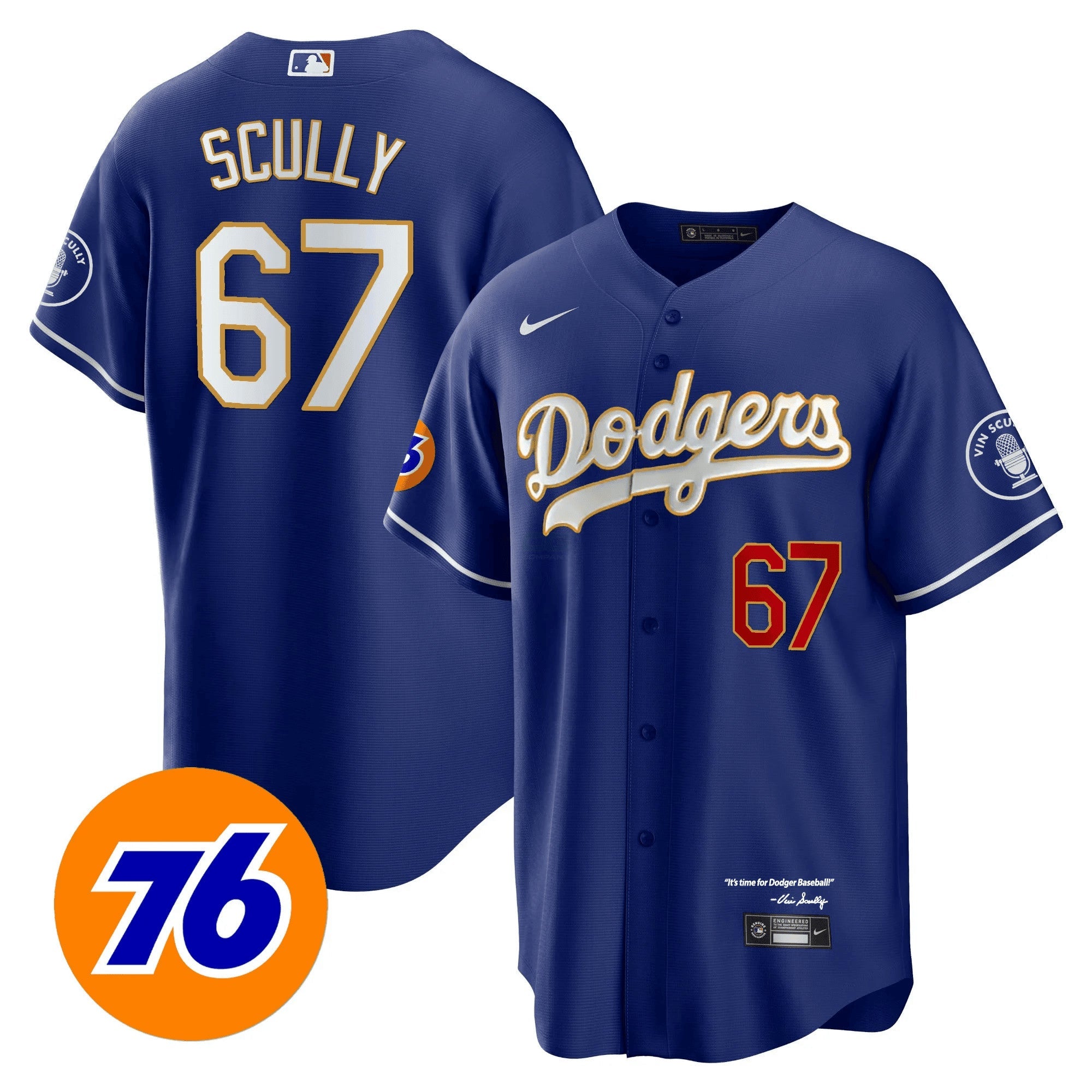 Camisa MLB Men’s Los Angeles Vin Scully 76 Patch Dourada Trim Player Jersey