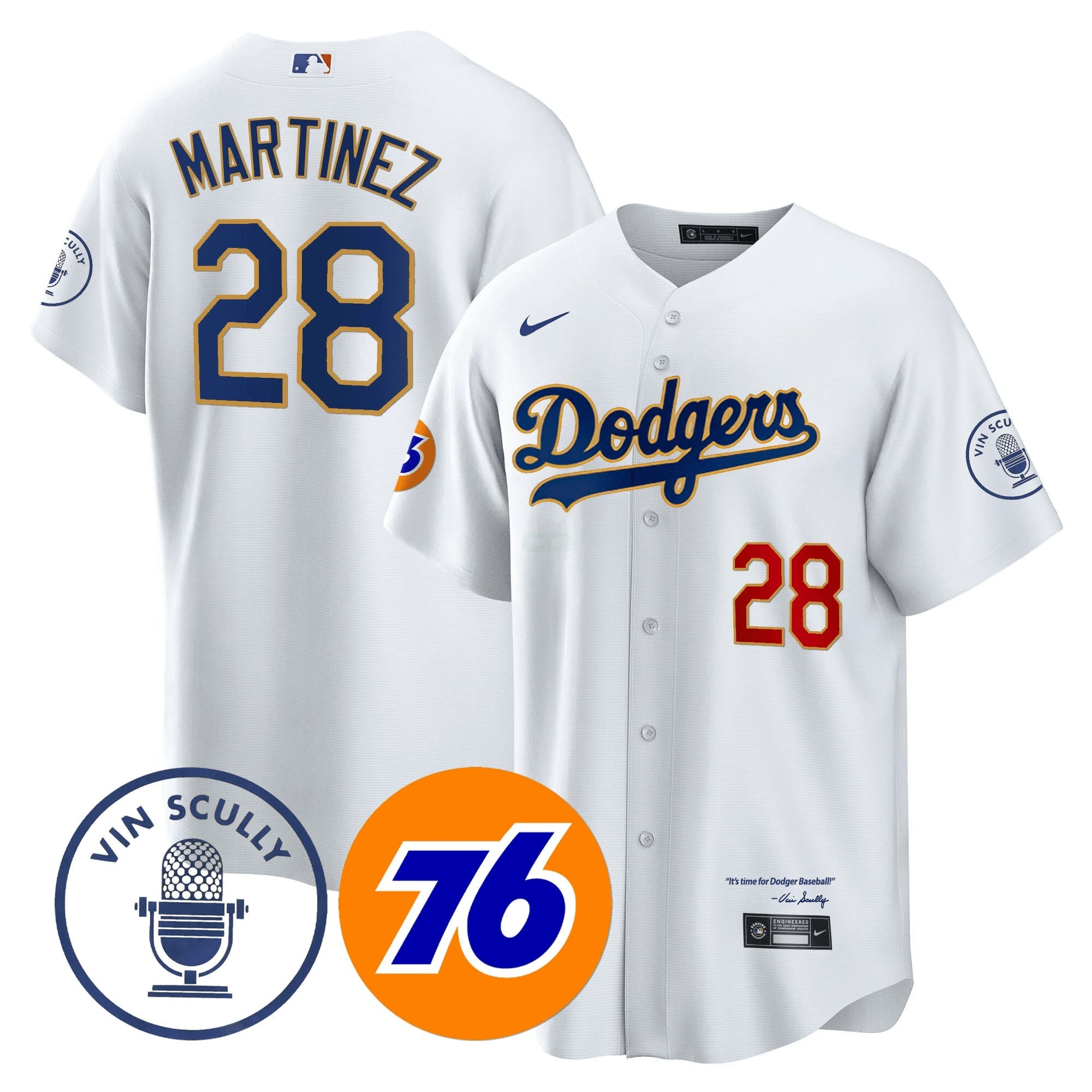 Camisa MLB Men’s Los Angeles Vin Scully 76 Patch Dourada Trim Player Jersey