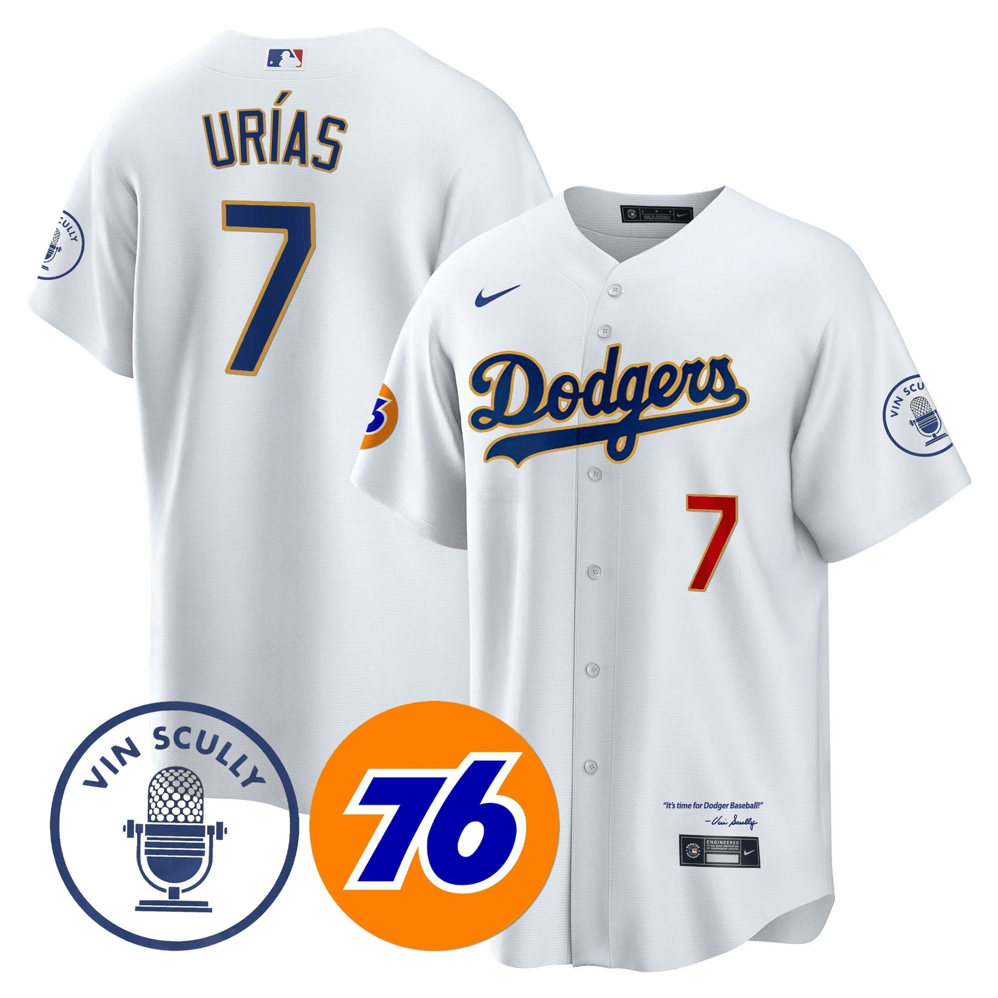 Camisa MLB Men’s Los Angeles Vin Scully 76 Patch Dourada Trim Player Jersey