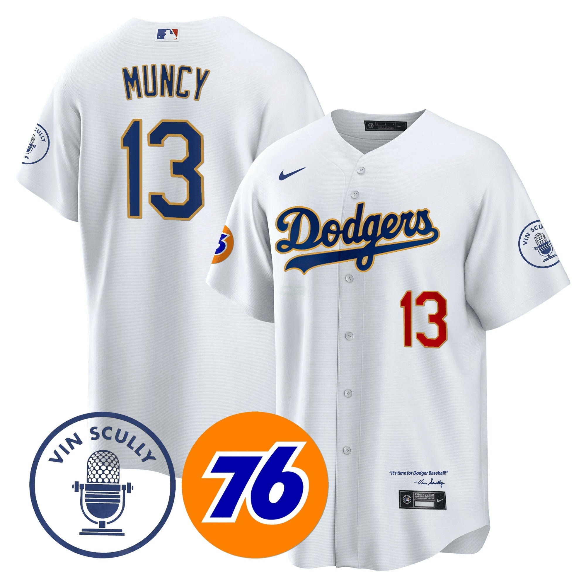 Camisa MLB Men’s Los Angeles Vin Scully 76 Patch Dourada Trim Player Jersey