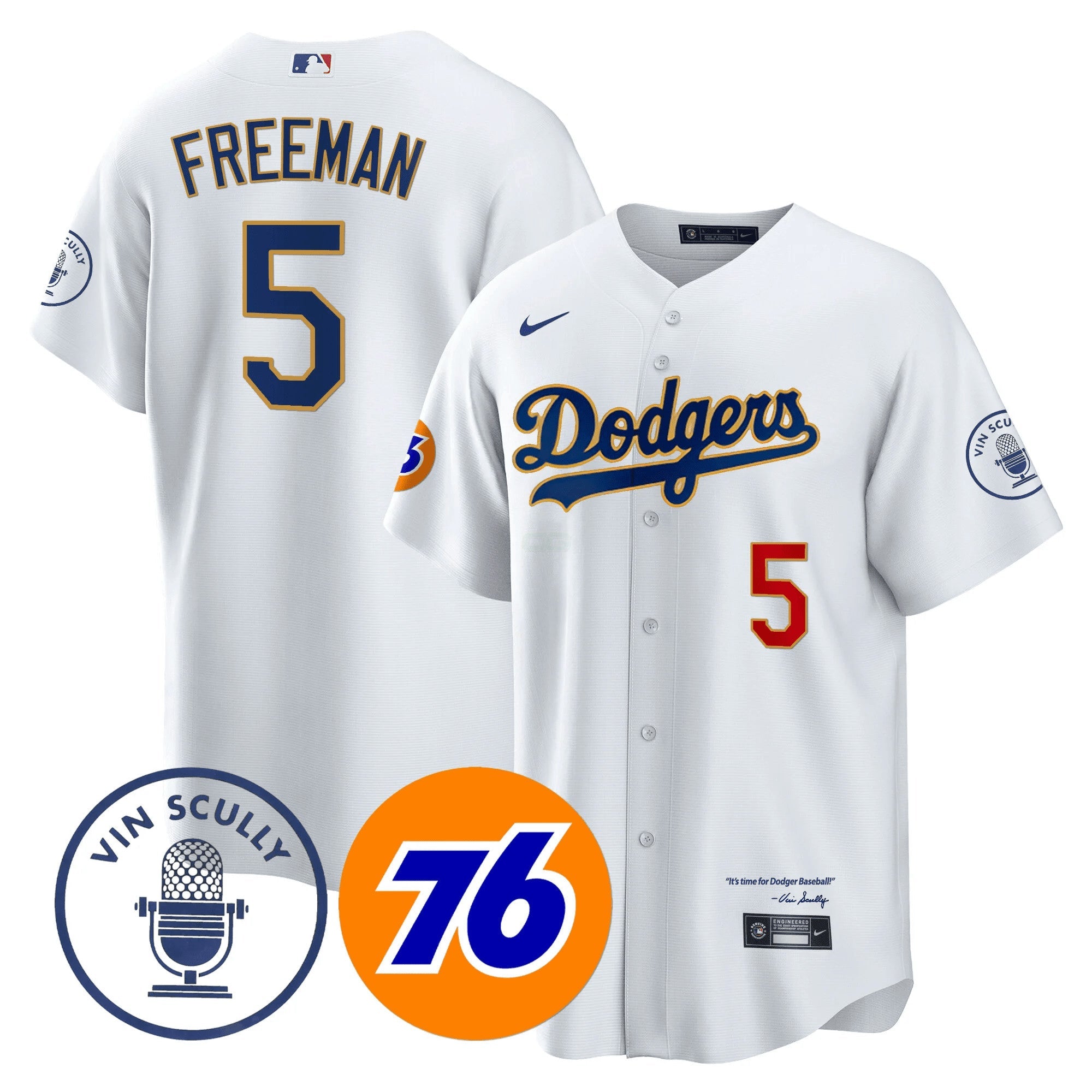 Camisa MLB Men’s Los Angeles Vin Scully 76 Patch Dourada Trim Player Jersey