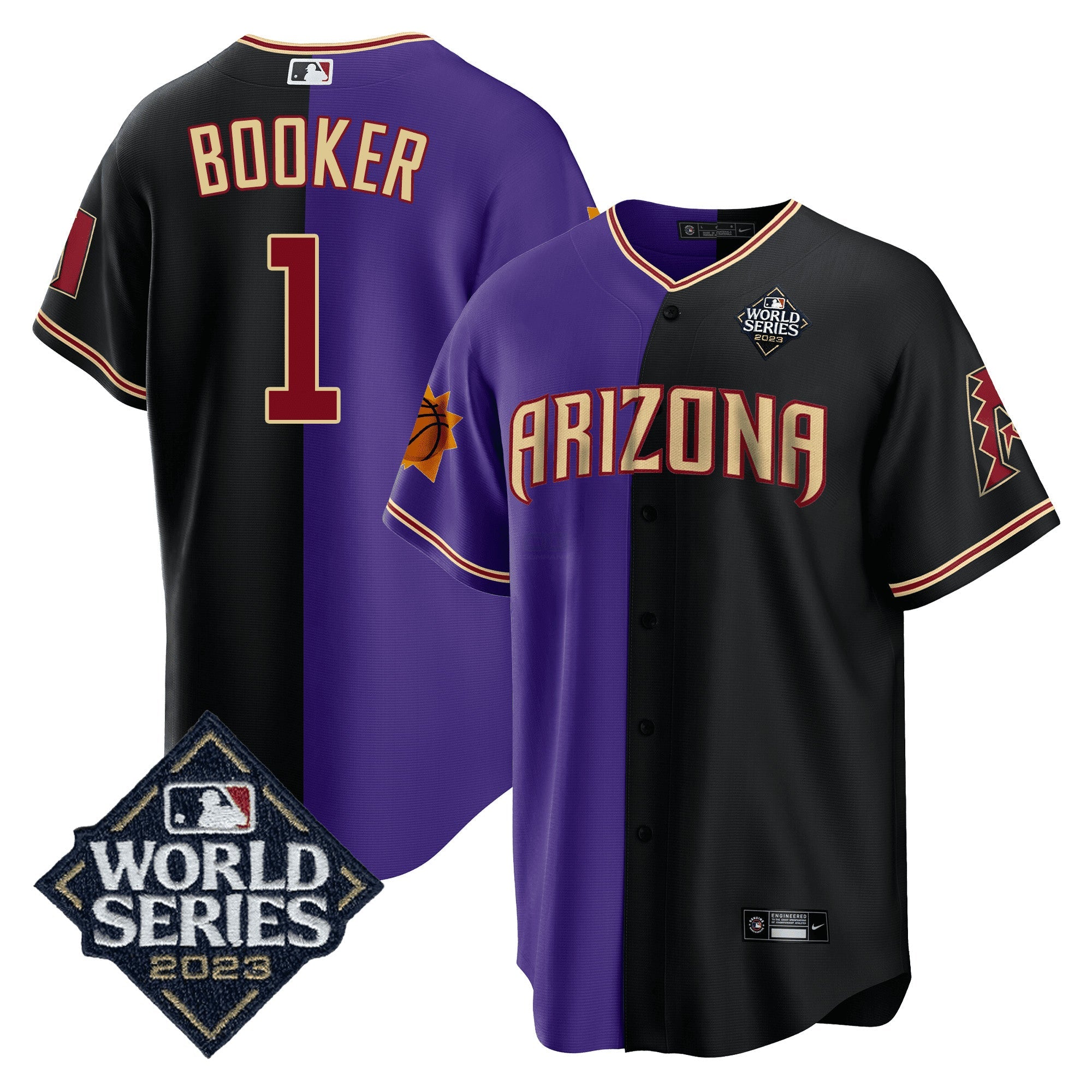 Camisa MLB Men’s Split Arizona Dbacks – Suns 2023 World Series Patch Jersey - Preta