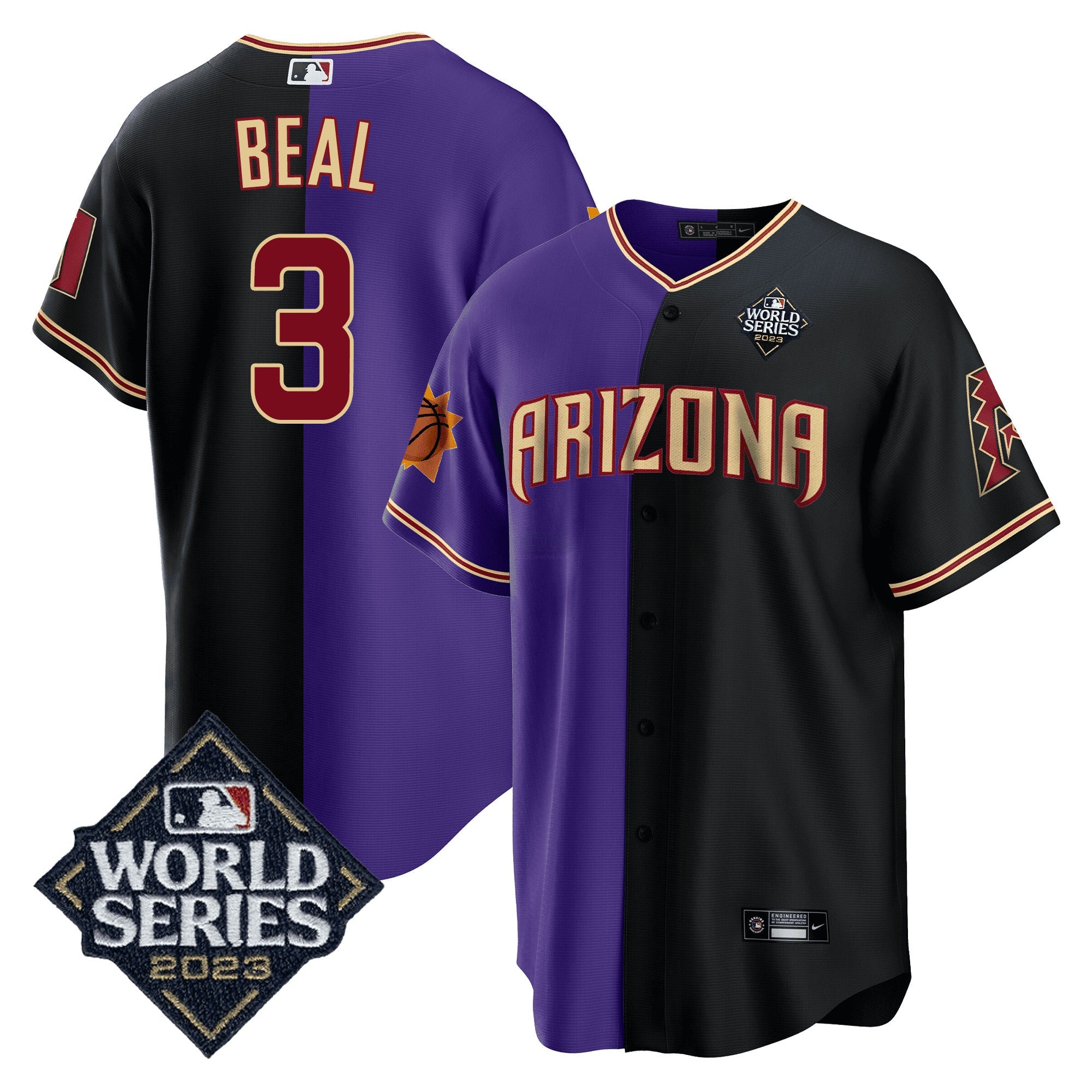 Camisa MLB Men’s Split Arizona Dbacks – Suns 2023 World Series Patch Jersey - Preta