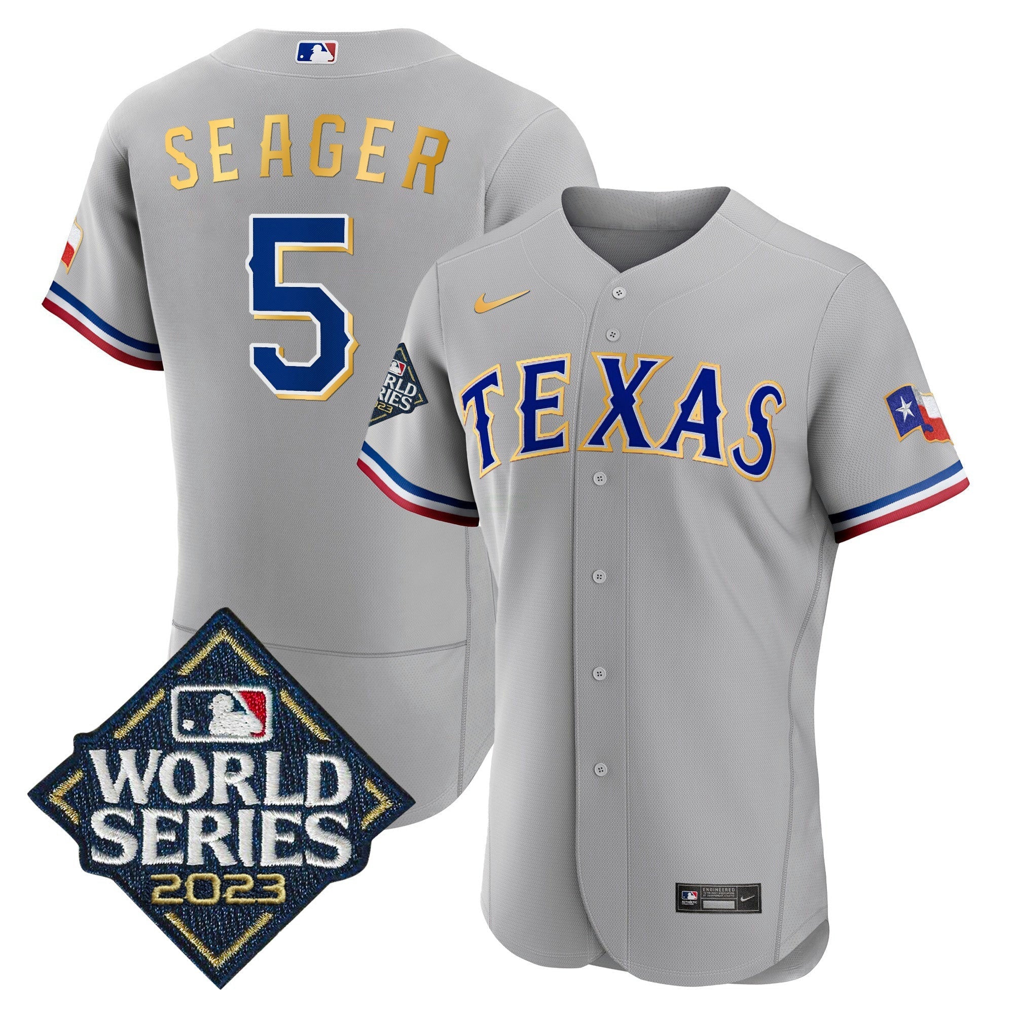 Camisa MLB Men’s Texas 2023 World Series Flex Base Dourada Trim Jersey