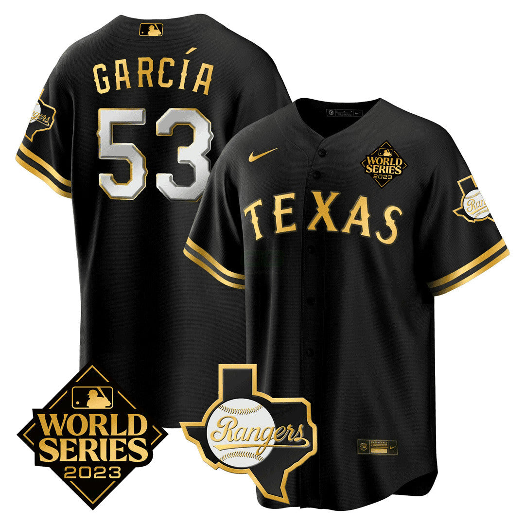 Camisa MLB Men’s Texas 2023 World Series & Texas State Patch Dourada Jersey