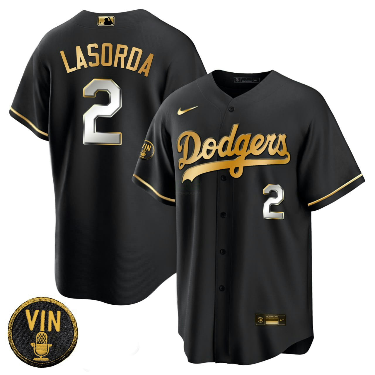 Camisa MLB Men’s Tommy Lasorda Black Limited Vin Scully Patch Jersey - Cool Base