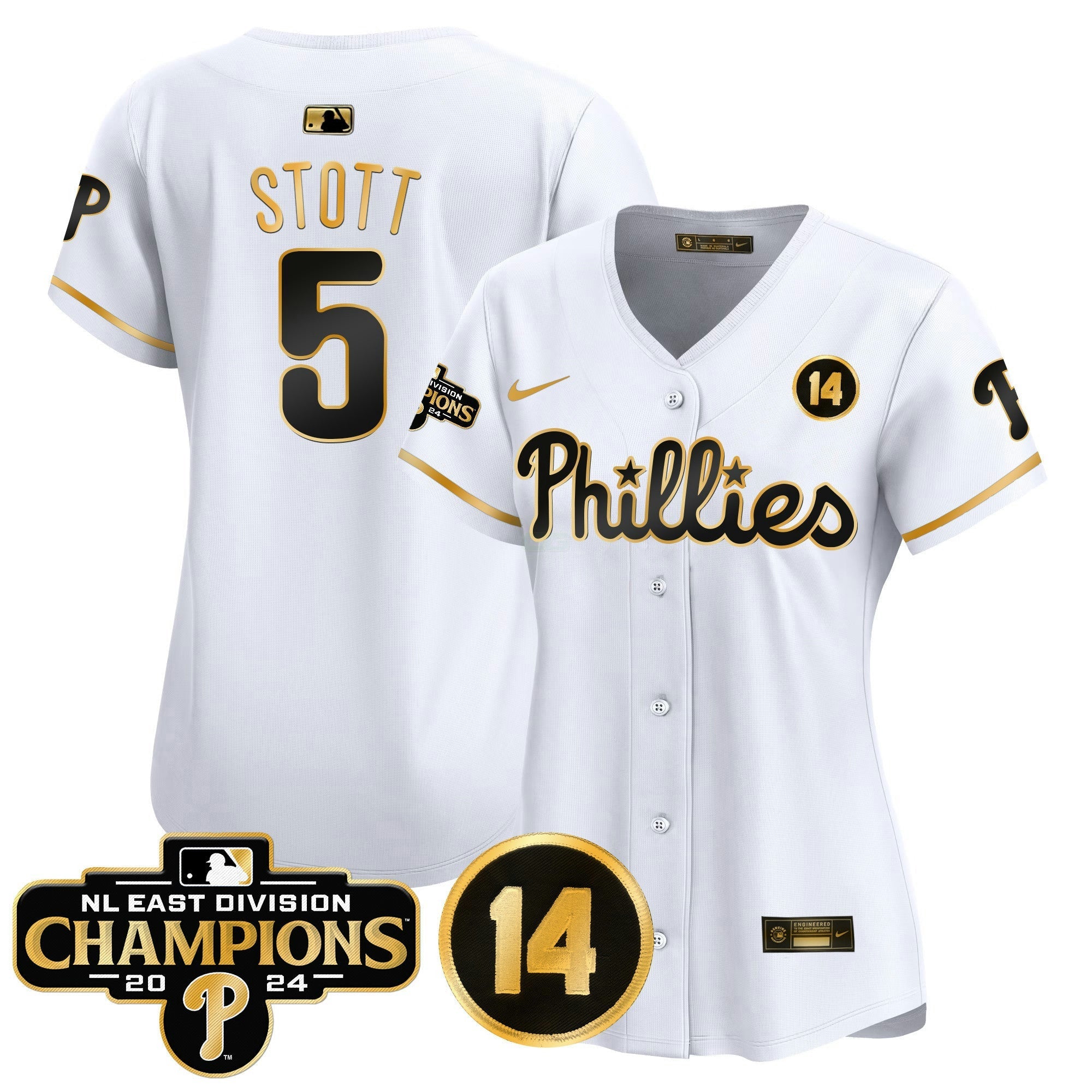 Camisa MLB Women’s 2024 NL East Division Champions & Pete Rose Patch Dourada Vapor Premier Limited Jersey