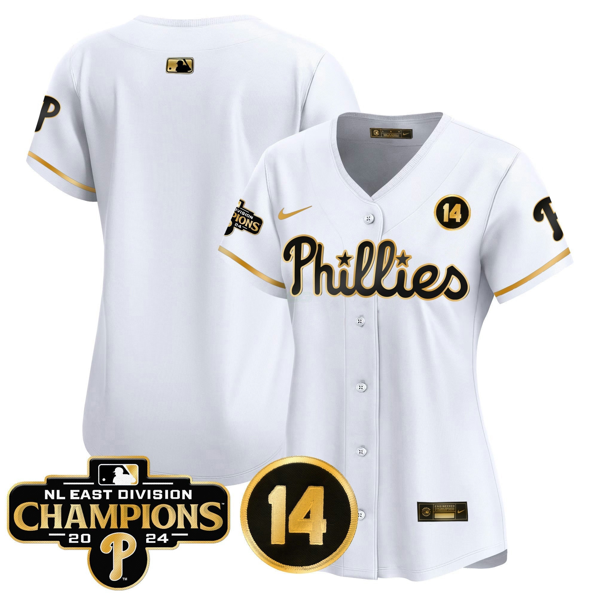 Camisa MLB Women’s 2024 NL East Division Champions & Pete Rose Patch Dourada Vapor Premier Limited Jersey