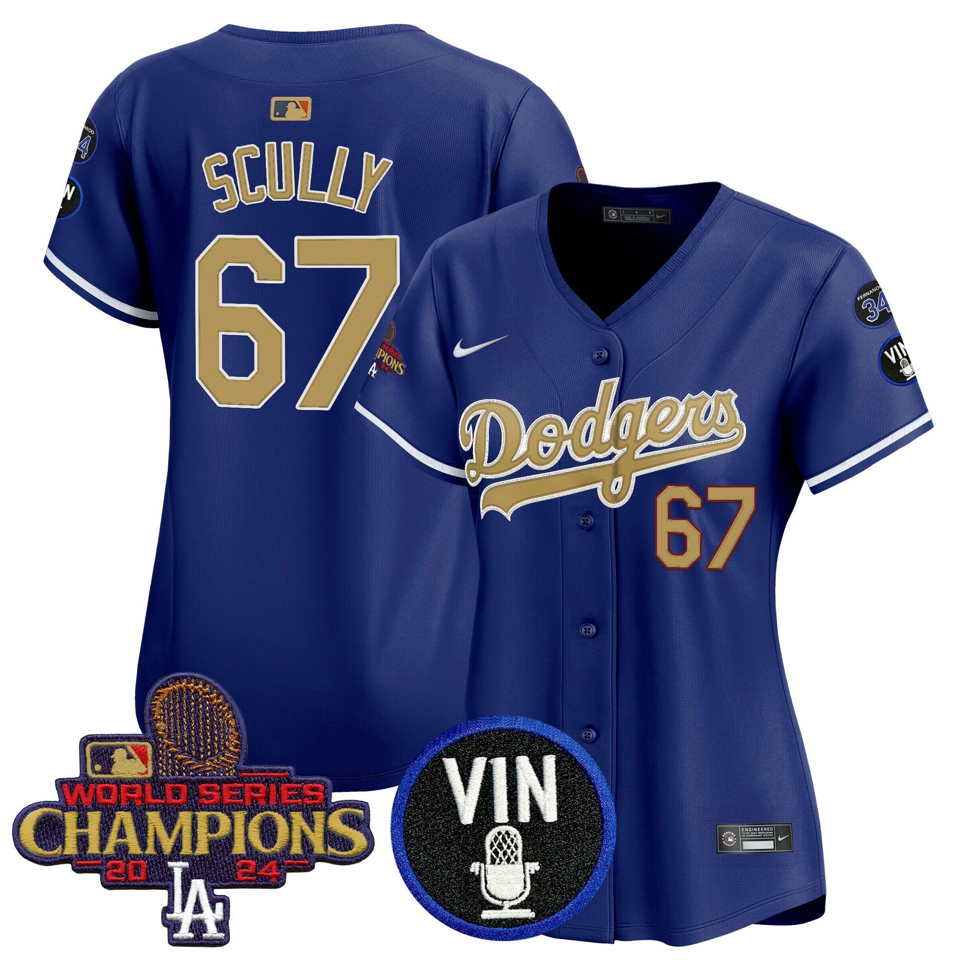 Camisa MLB Women’s 2025 Vin Scully & #34 Fernando Patch Dourada Vapor Premier Limited Jersey