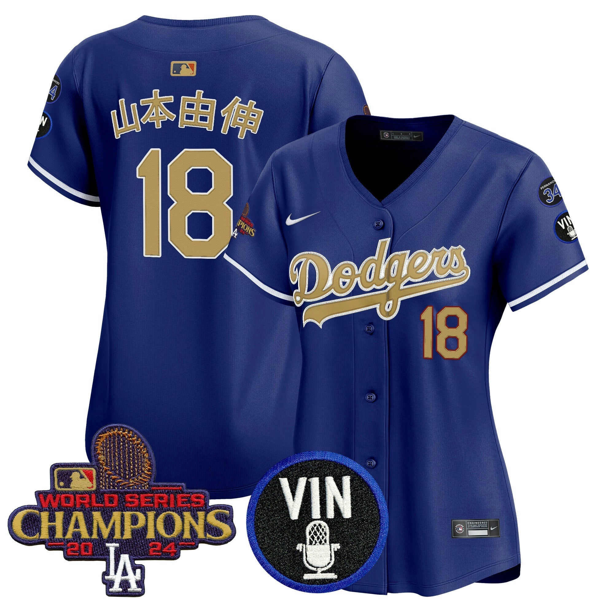 Camisa MLB Women’s 2025 Vin Scully & #34 Fernando Patch Dourada Vapor Premier Limited Jersey
