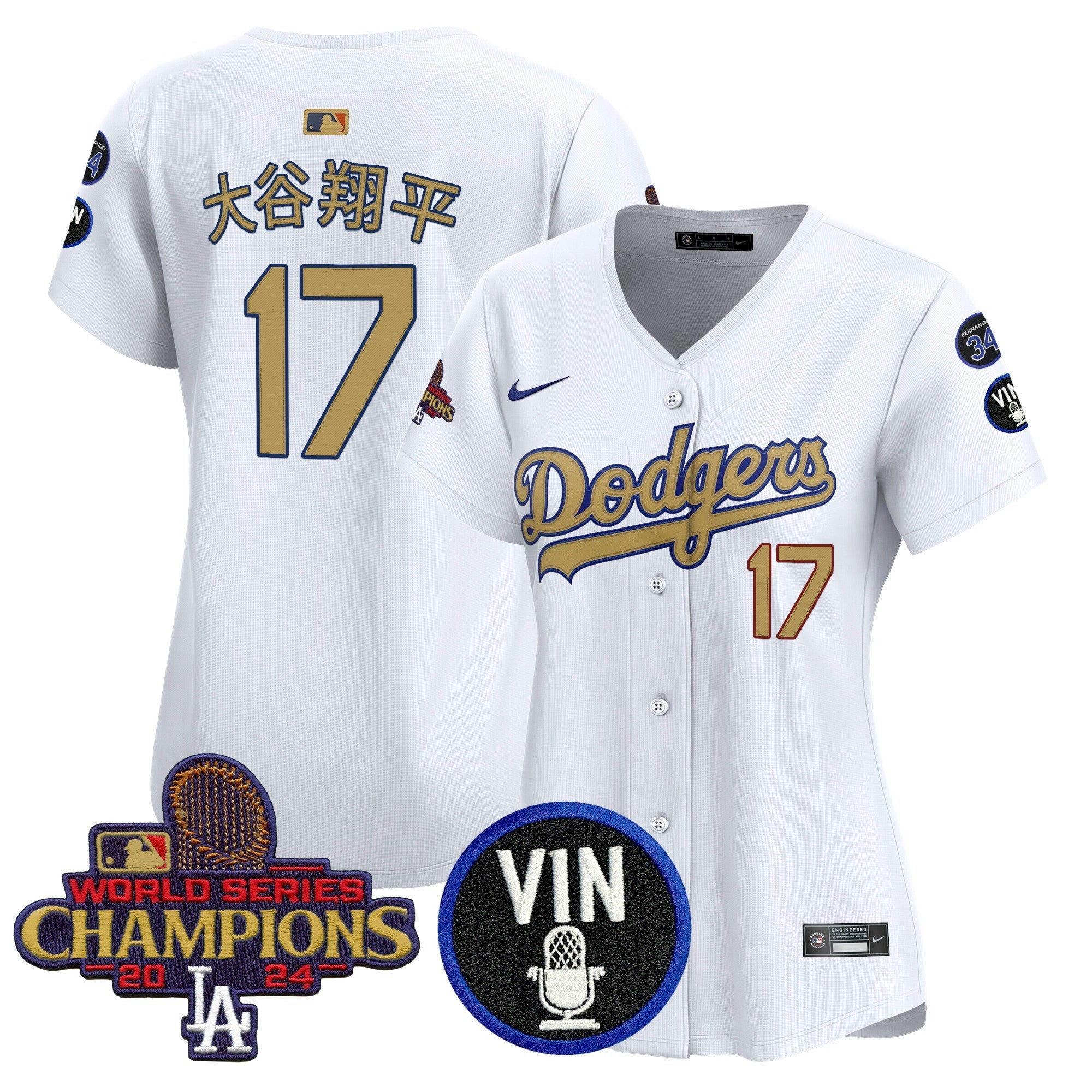 Camisa MLB Women’s 2025 Vin Scully & #34 Fernando Patch Dourada Vapor Premier Limited Jersey