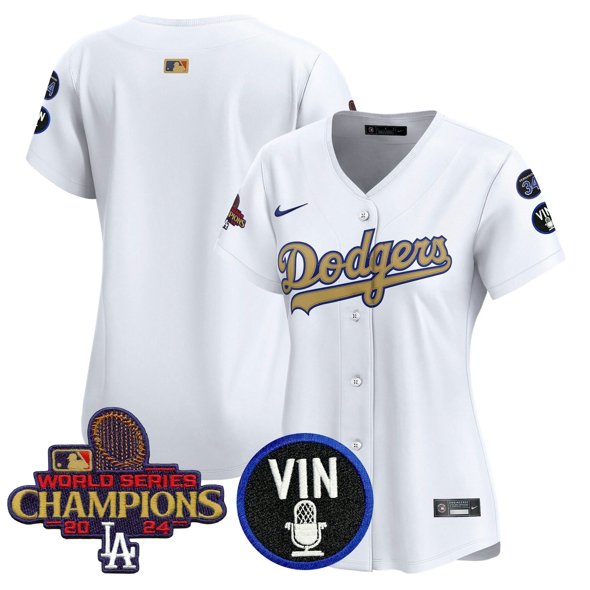 Camisa MLB Women’s 2025 Vin Scully & #34 Fernando Patch Dourada Vapor Premier Limited Jersey