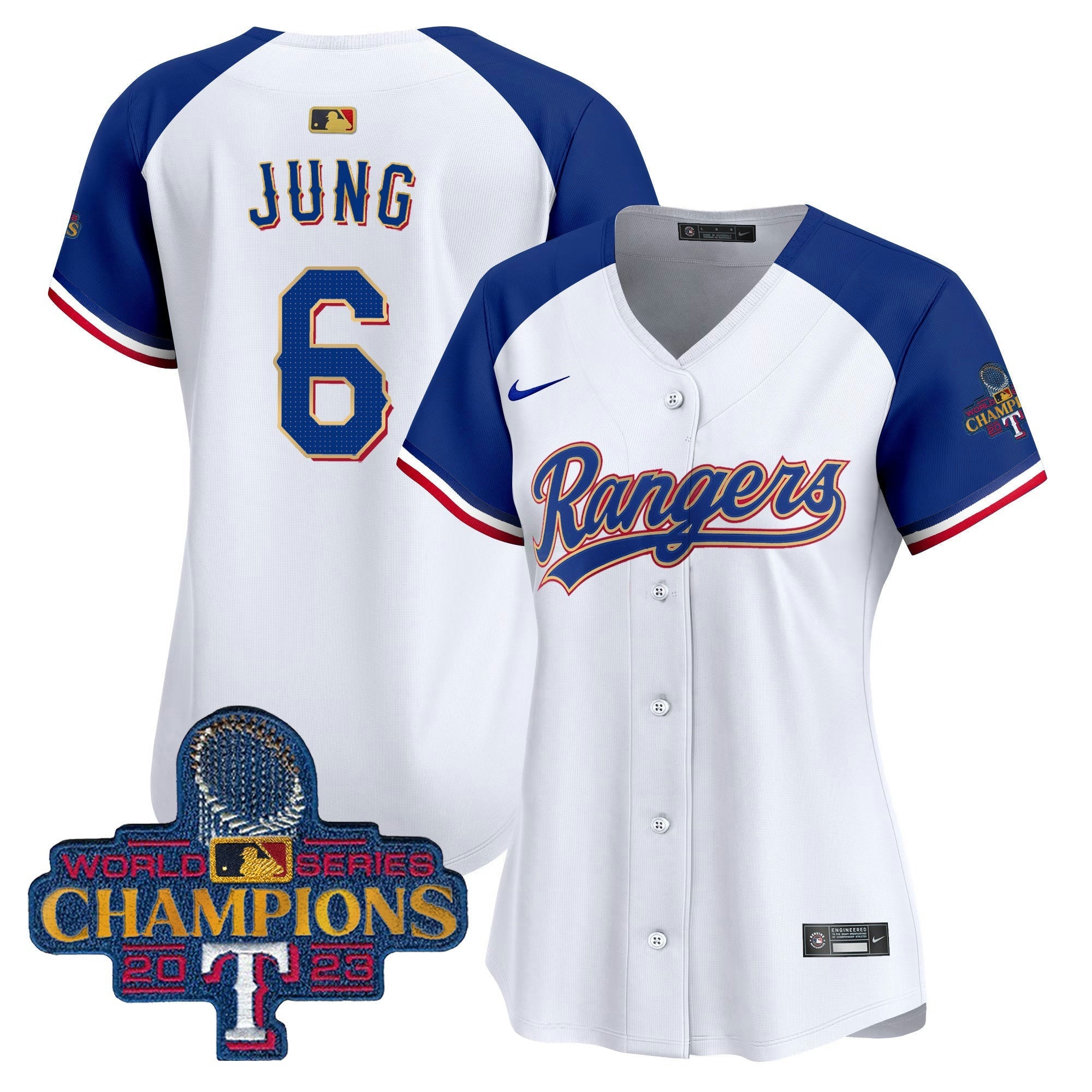 Camisa MLB Women’s Texas 2023 World Series Champions Dourada Trim Vapor Premier Limited Jersey