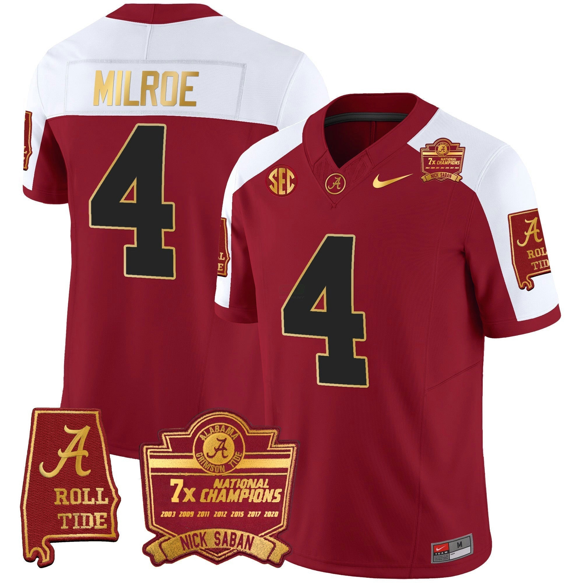 Camisa NCAA Nick Saban 7x Champions Patch Dourada Trim Jersey
